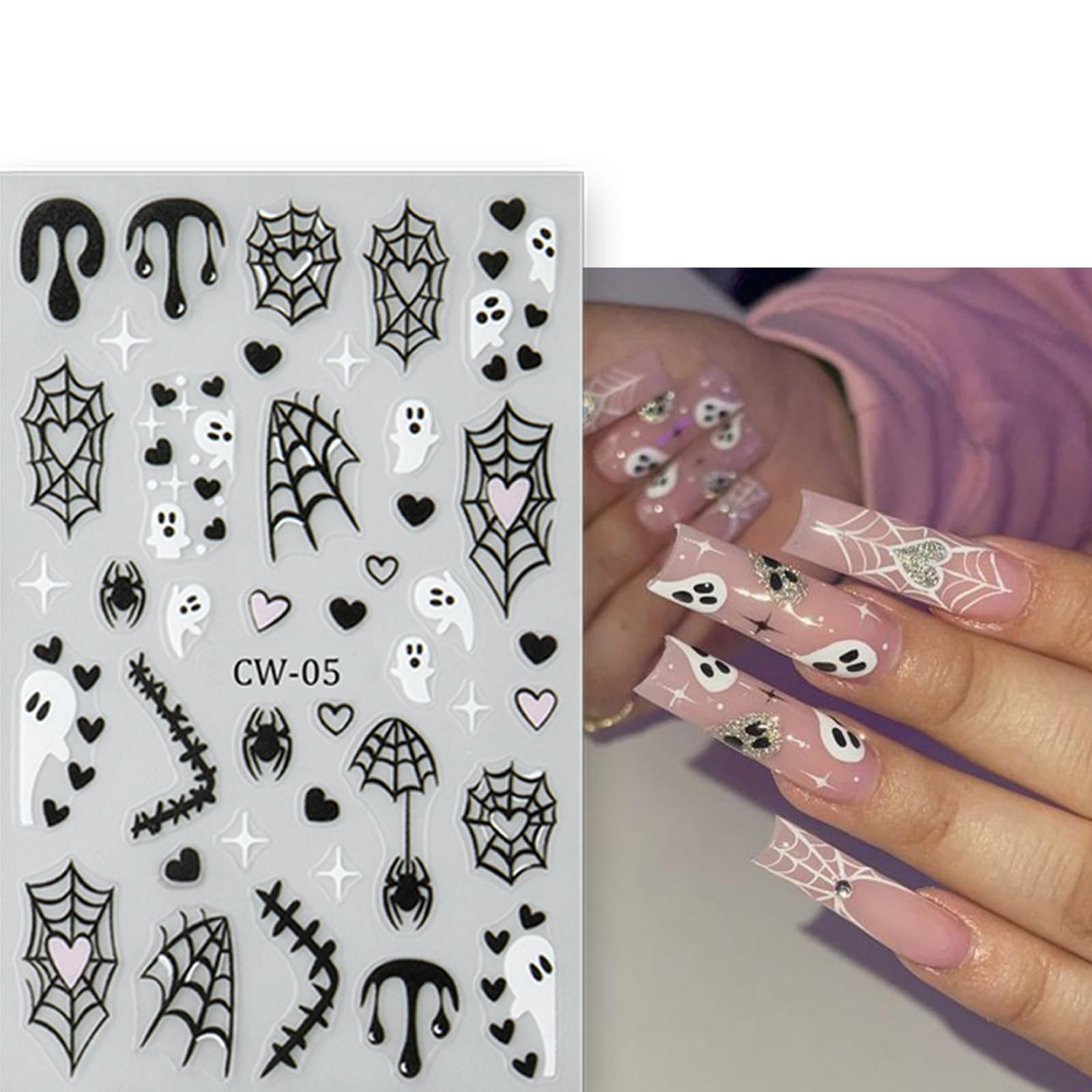 8 Sheets Halloween Nail Art Stickers - Self-Adhesive Gothic Nail Decals with Cute Ghost, Heart & Spider Web Designs - Nail Supplies for Women & Girls - Perfect for Manicure, Acrylic Nails & Halloween Party Nail Decorations
