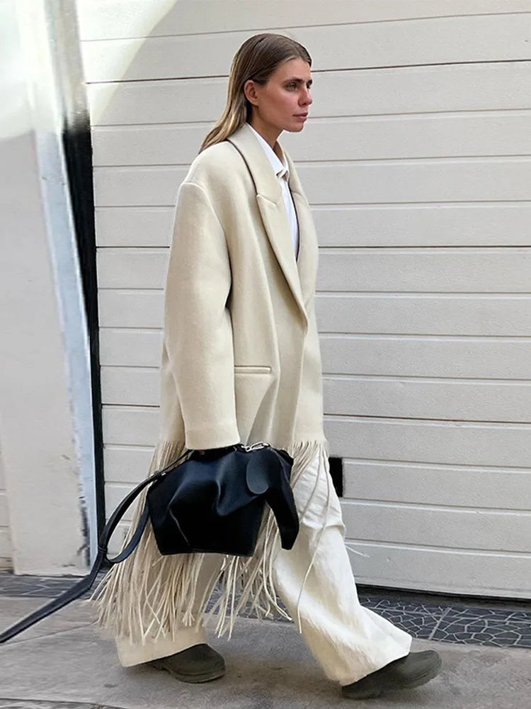 2023 Women's Autumn Wool Blend Tassel Coat with Lapel, Full Sleeves & Pockets - Fashionable Streetwear Overcoat for Fall Outfits & Casual Wear