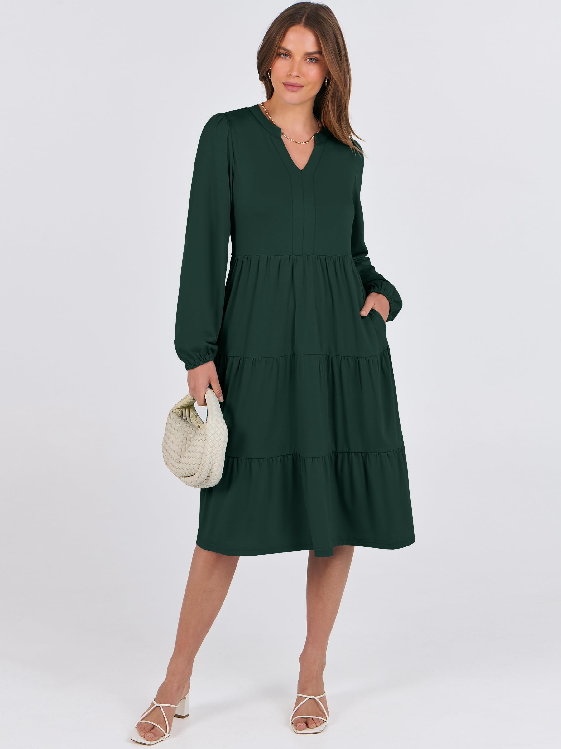 ANRABESS Women's Long Sleeve V-Neck Flowy Swing Dress - Loose Fit Tiered Maxi Dress for Spring 2025 | Casual Vacation Wear for Beach, Travel & Everyday Outfits