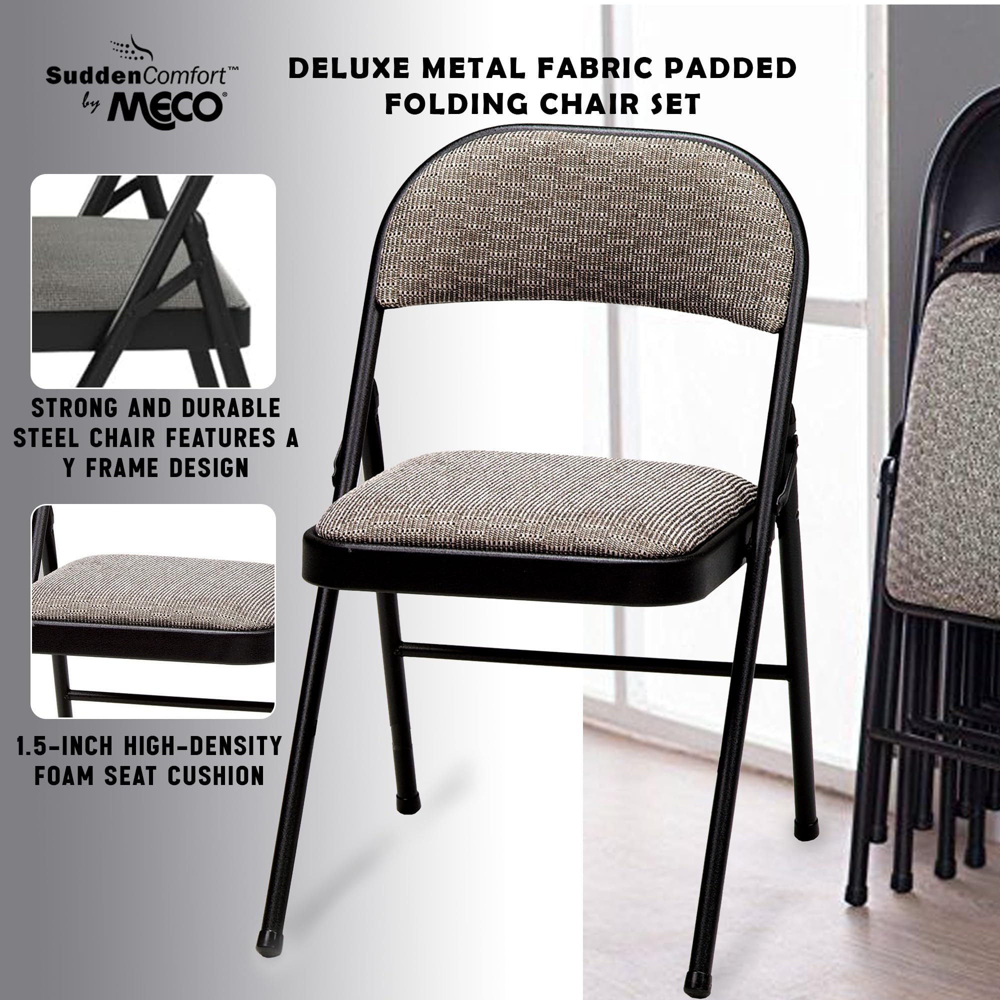 MECO 4 Pack Padded Folding Chairs - Cushioned Metal Fabric Foldable Chairs for Indoor & Outdoor Use, Black - Perfect for Parties, Camping, Picnics & Home Events