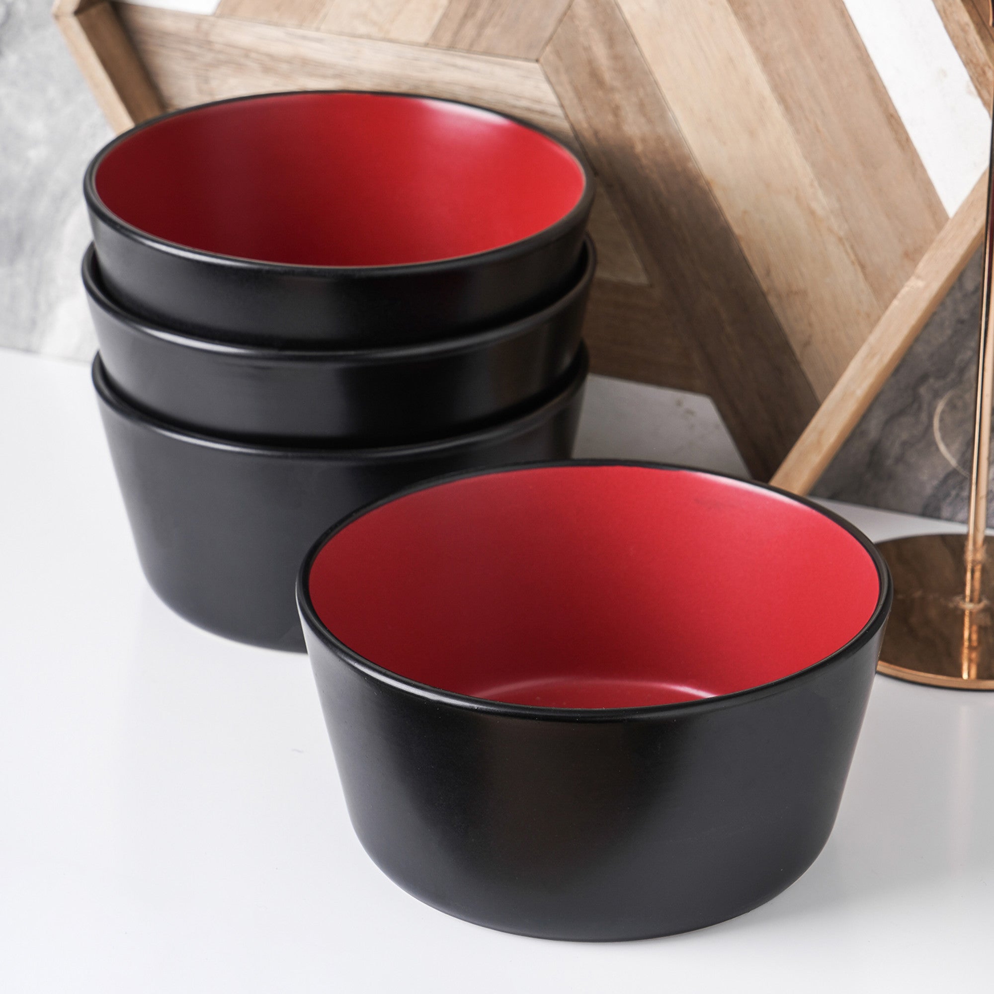 Premium Albie Stoneware Bowl Set - Red & Black Ceramic Serving Bowls for Soup, Salad, Pasta - Durable & Microwave Safe - Perfect for Dining, Entertaining & Gifting
