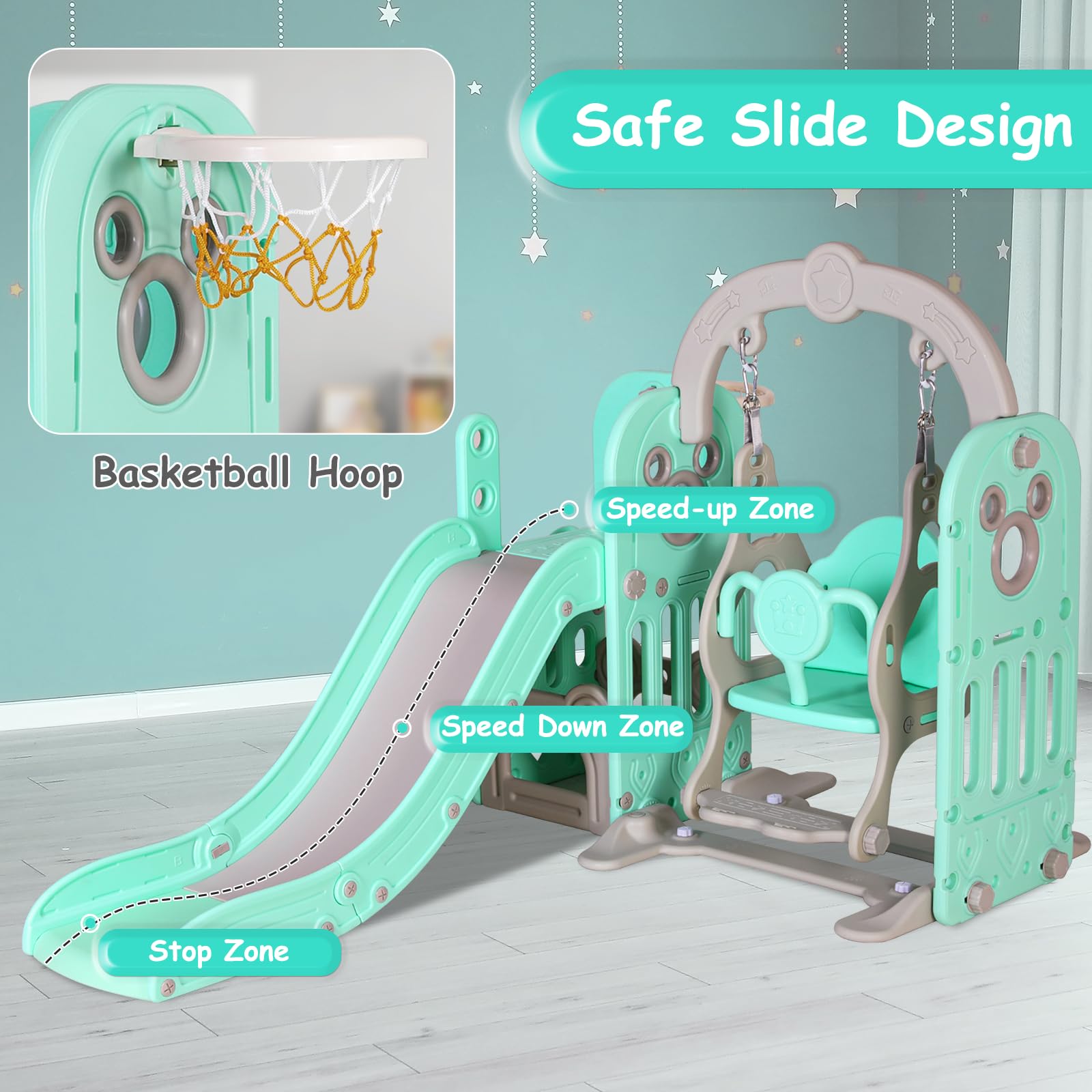 MAMIZO 6-in-1 Toddler Slide and Swing Set with Climber, Storage Bin & Basketball Hoop - Indoor/Outdoor Kids Playground Equipment for Backyard, Garden, or Playroom - Includes Reinforced Suction Cups & Ball (Green)
