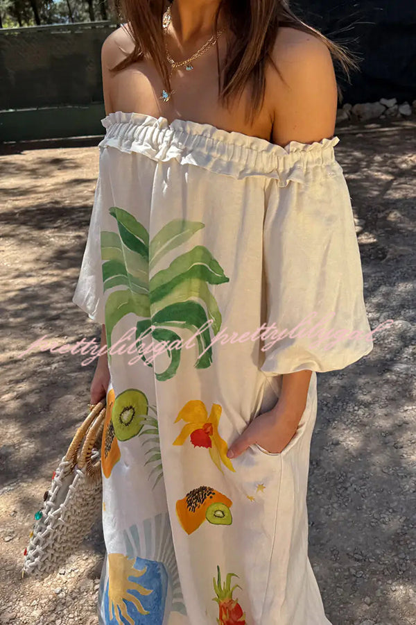 Sunveil Linen Blend Floral Print Puff Sleeve Strapless Maxi Dress with Pockets - Perfect for Beach Weddings, Summer Vacations & Boho Fashion