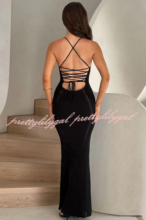 Elegant Knit Crochet Hollow Out Back Lace Up Stretch Maxi Dress for Women - Summer Beach Vacation & Boho Chic Outfit