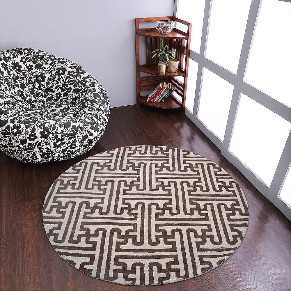 Hand Tufted Wool Eco-Friendly Round Area Rug 8'x8' - Cream & Brown Modern Design, High Pile Non-Slip for Living Room & Bedroom | Sustainable Home Decor, Soft Floor Covering for Cozy Spaces (K00727)