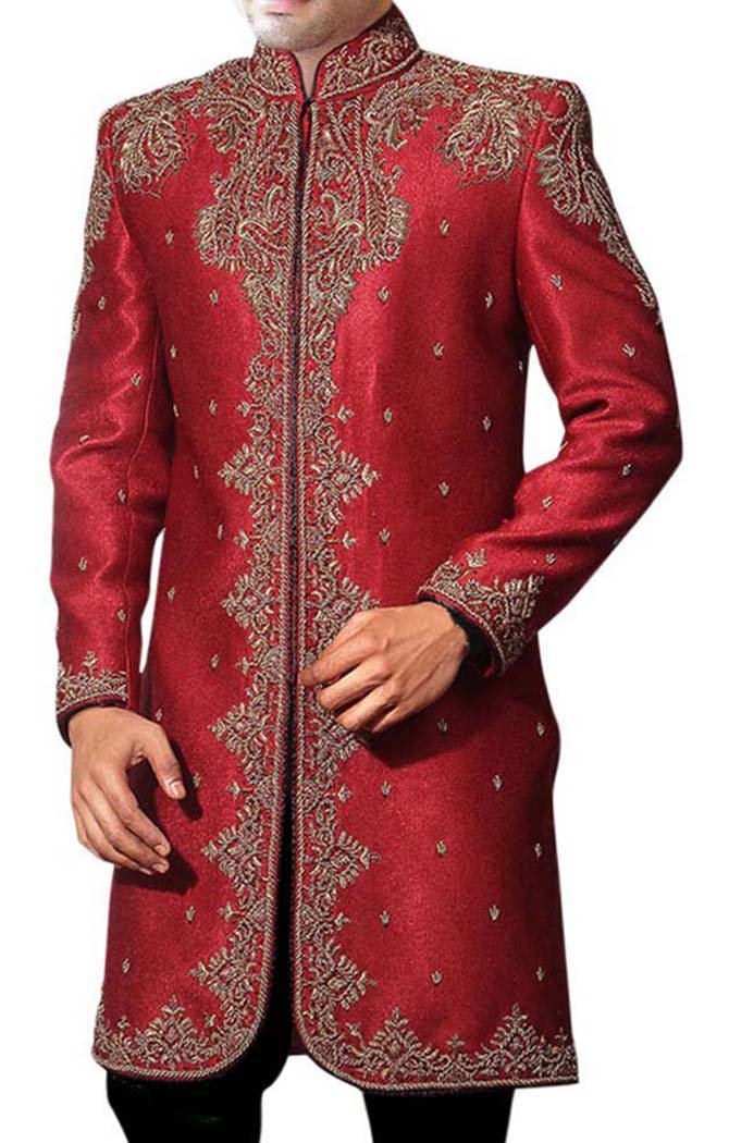 INMONARCH Men's Kurta for Jeans - Red Dupion Indo Western Traditional Sherwani IN398 | Wedding, Festival & Ethnic Party Wear for Men