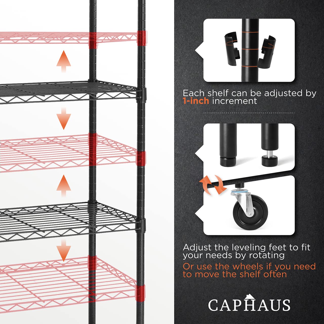 CAPHAUS 4-Tier Heavy Duty Adjustable Wire Shelving with Wheels & Leveling Feet - 48