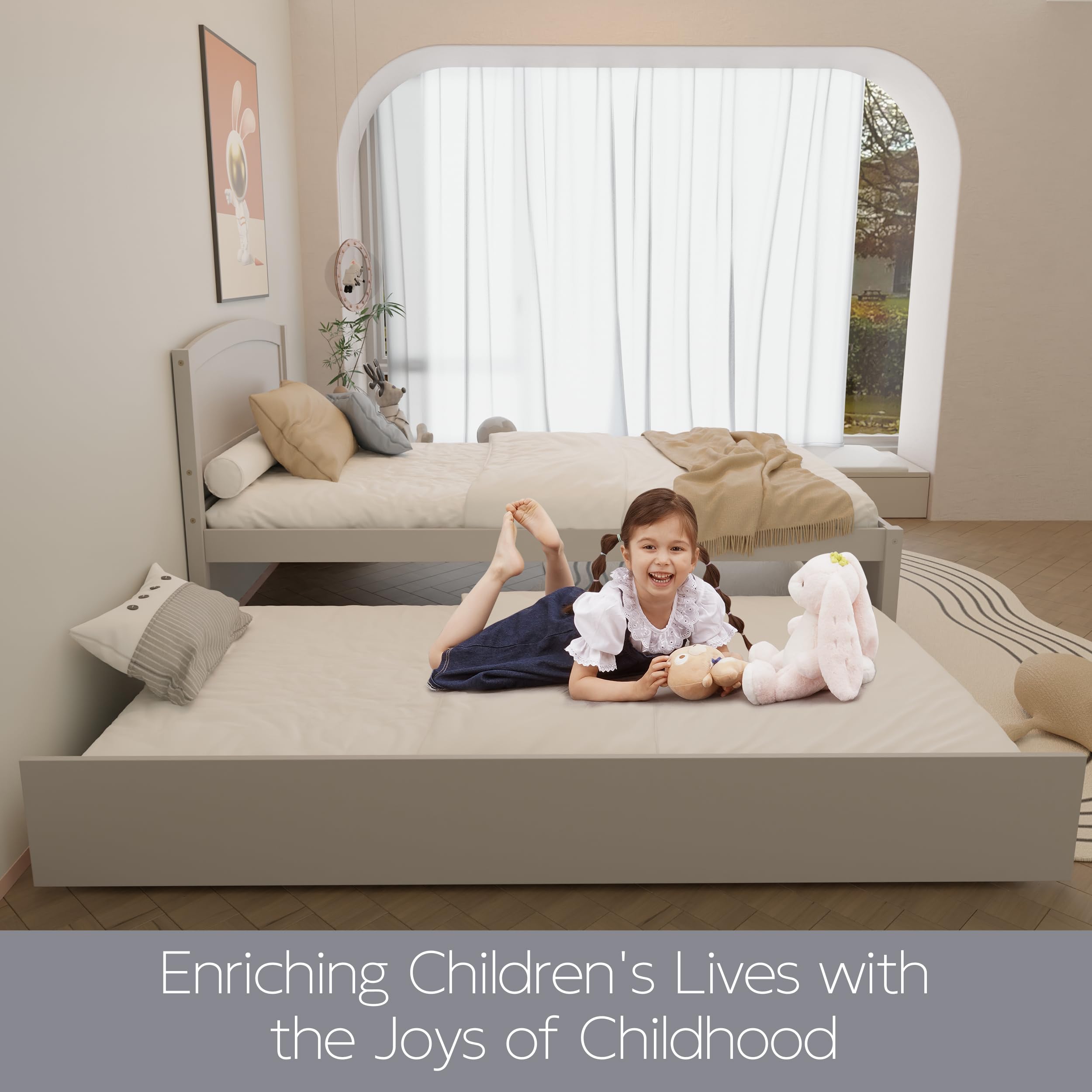 Solid Wood Twin Trundle Bed Frame with Headboard & Wooden Slats - No Box Spring Needed, Grey | Space-Saving Guest Bed, Kids Room, Small Apartments & Dorm Rooms