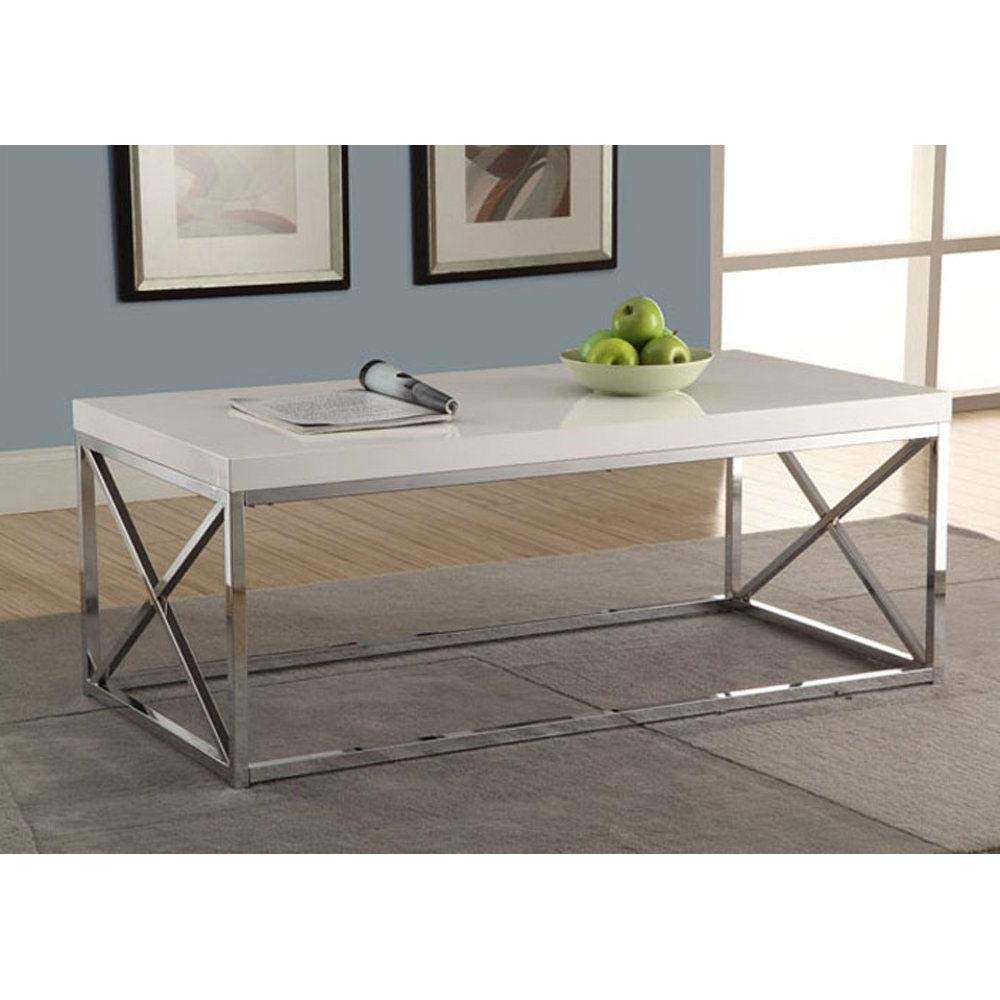 Modern Glossy White Coffee Table with Chrome Metal Frame - Stylish Living Room Furniture for Small Spaces & Apartments