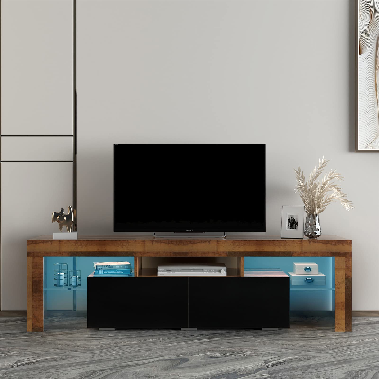 Modern TV Stand with LED Lights - 16 Color Modes, 2 Drawers & 2 Glass Shelves - Wooden Entertainment Center Media Console for Living Room (Brown) - Perfect for Home Theater & Family Entertainment