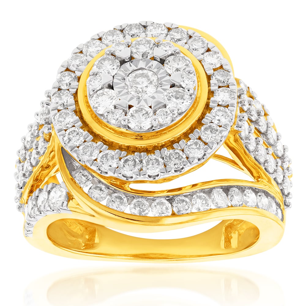 9ct Yellow Gold 2 Carat Diamond Ring with 99 Brilliant Cut Diamonds - Elegant Engagement & Wedding Ring for Women | Perfect for Proposals, Anniversaries & Special Occasions