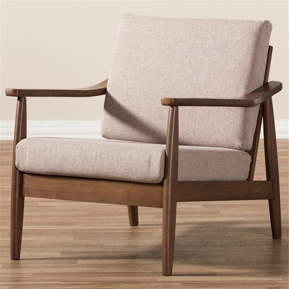 BOWERY HILL Modern Accent Arm Chair - Light Brown Upholstery with Walnut Brown Wooden Legs - Perfect for Living Room, Bedroom or Office Decor