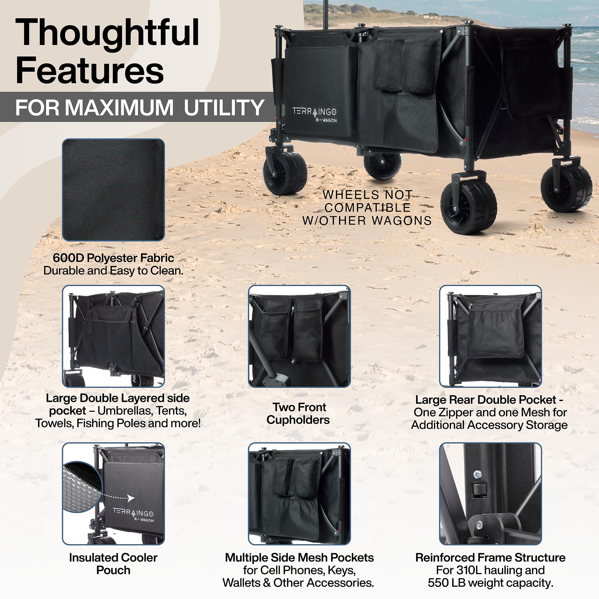 TerrainGo Extra Large Foldable Wagon Cart with All-Terrain Wheels - Heavy Duty Utility Cart with Built-in Insulated Cooler, Storage Pockets & Front Cup Holders - Perfect for Beach Trips, Gardening, Fishing, Shopping & Outdoor Adventures