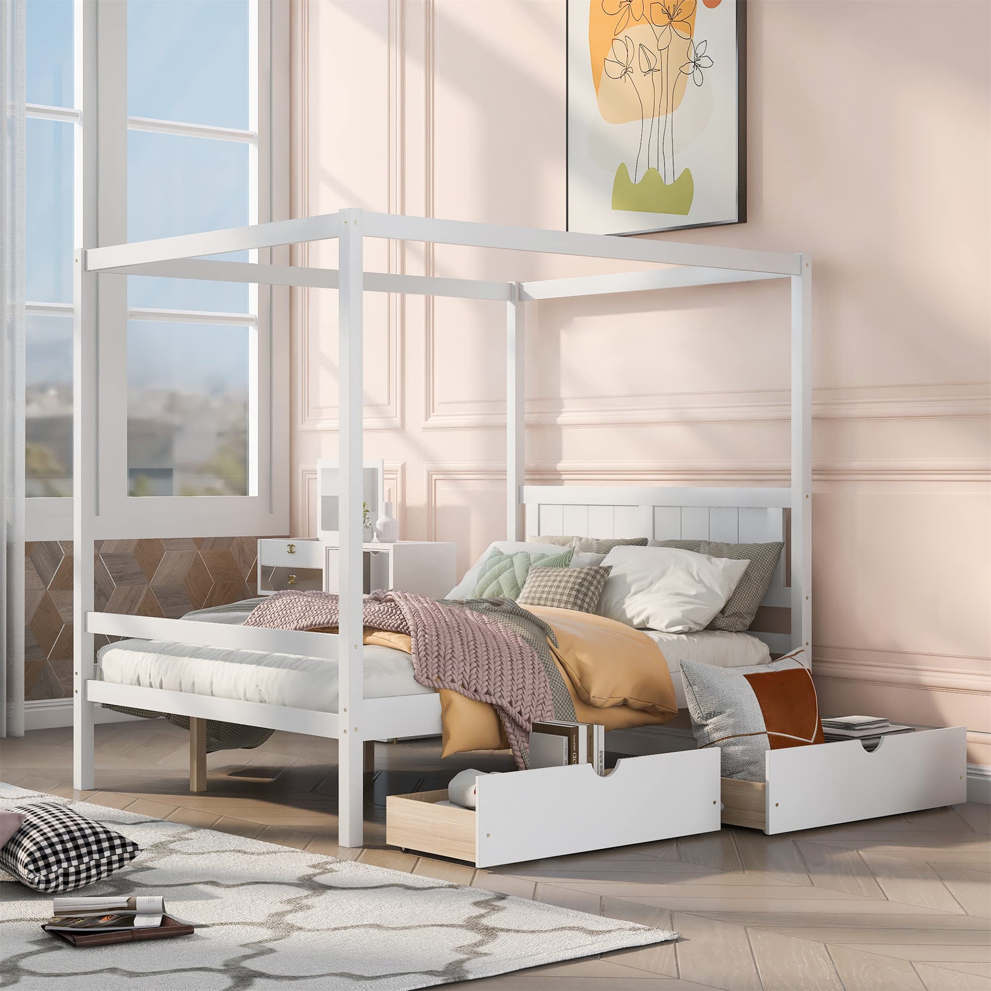 Solid Wood Full Size Canopy Bed with Storage Drawers - Platform Bed Frame with Headboard & Footboard, No Box Spring Needed - Perfect for Kids, Teens and Adults Bedroom (White) | Modern Bedroom Furniture for Home Decor