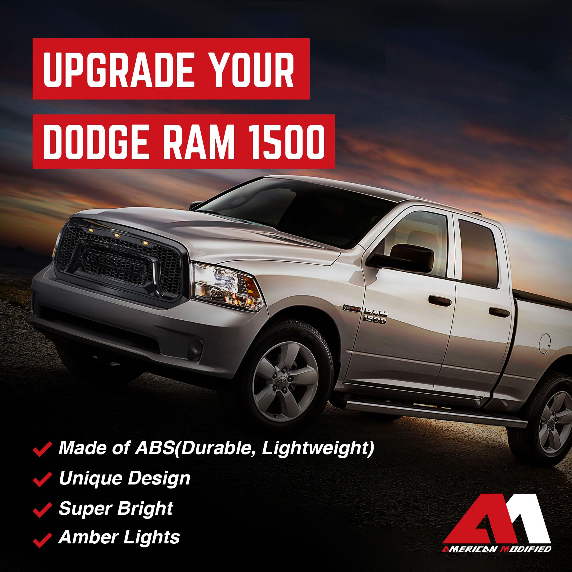 AMERICAN MODIFIED Front Grille Replacement for 2013-2018 Dodge Ram 1500 | Glossy Black Truck Grill with Amber LED Lights | Perfect for Off-Roading & Custom Truck Upgrades