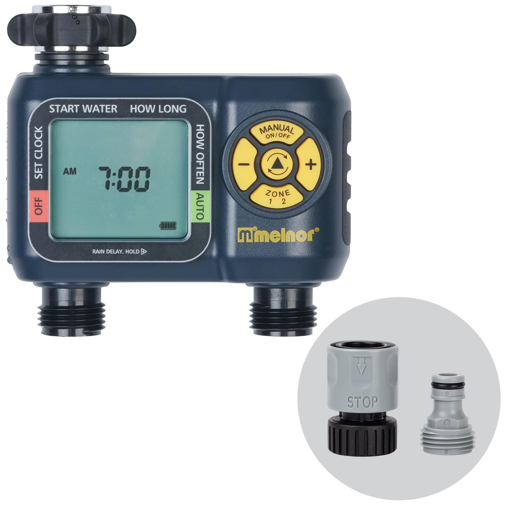 Melnor 65139AMZ AquaTimer Digital Hose Timer - 2-Zone Programmable Watering System with Quick Connect | Automatic Garden Irrigation for Lawns, Flower Beds & Potted Plants | Black & Yellow Design