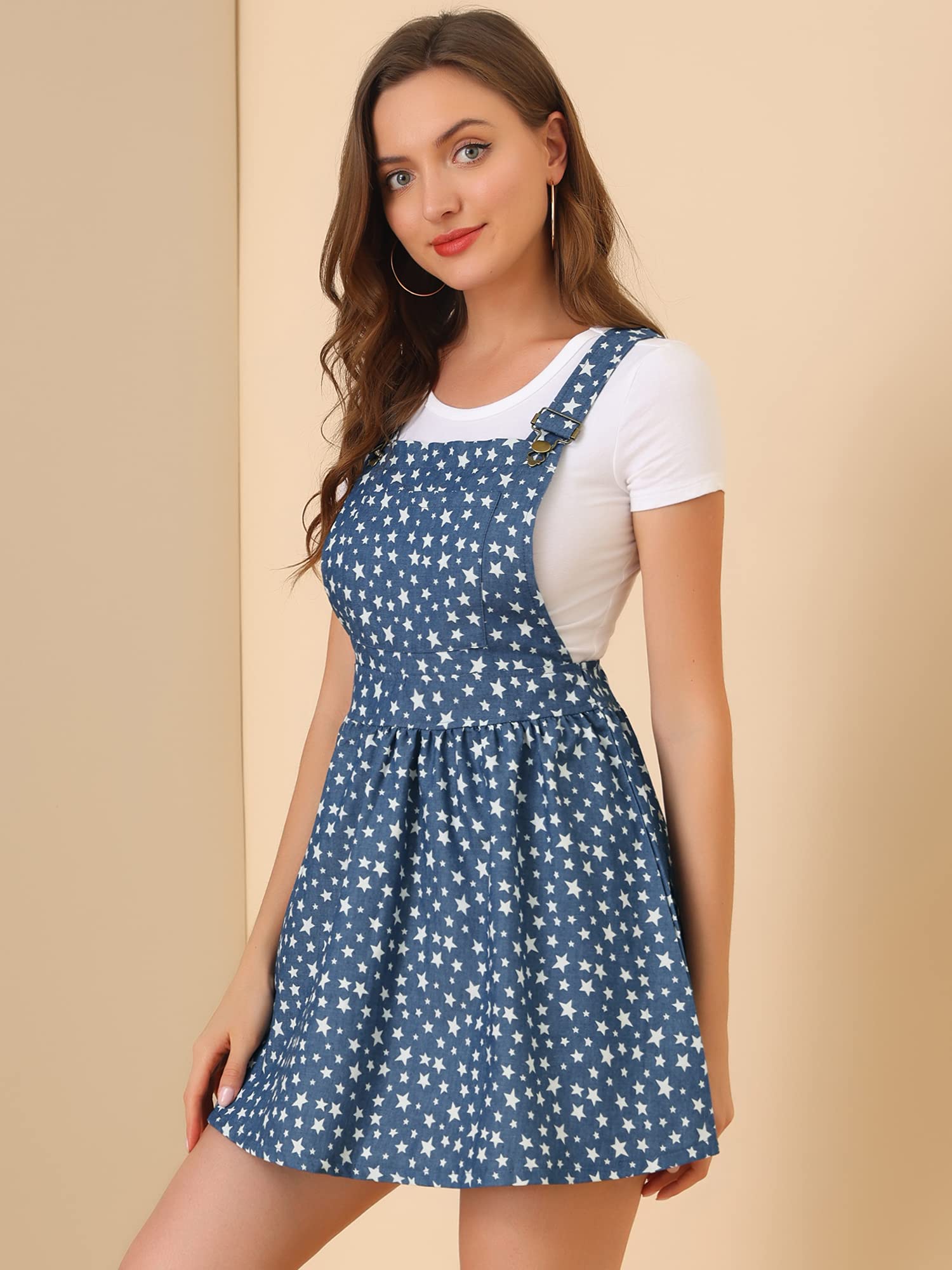Allegra K Women's Printed Chambray Pinafore Dress with Adjustable Straps - Casual Mini Overalls for Spring & Summer Outfits, Date Nights and Music Festivals