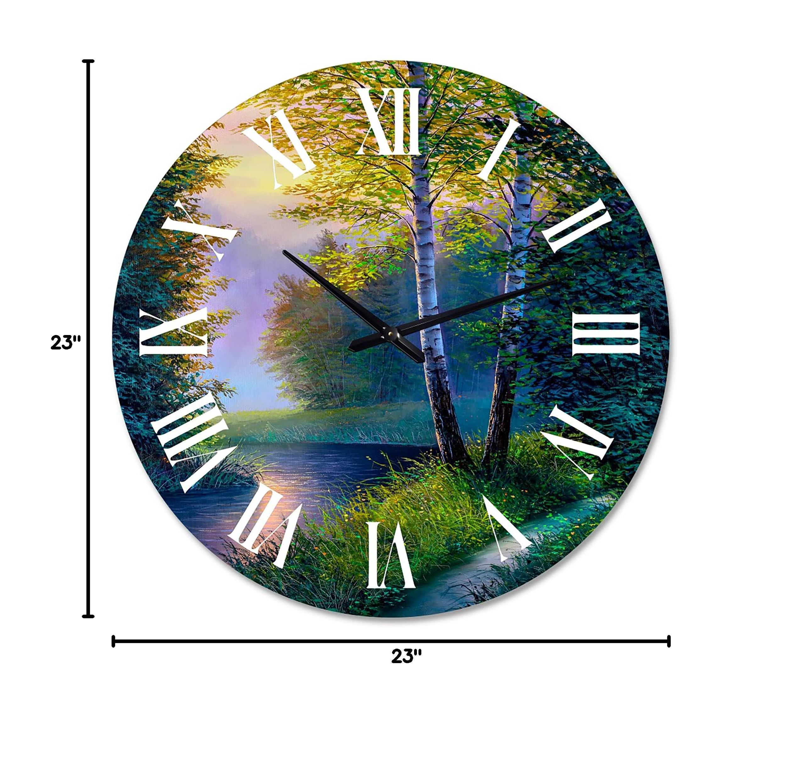 DesignQ Lake House Wall Clock 'Morning Sunlight Through The Birch Forest' - Large Landscape Nature Wall Clock for Home & Office Decor - Perfect for Living Room, Bedroom, Kitchen, and Workspace