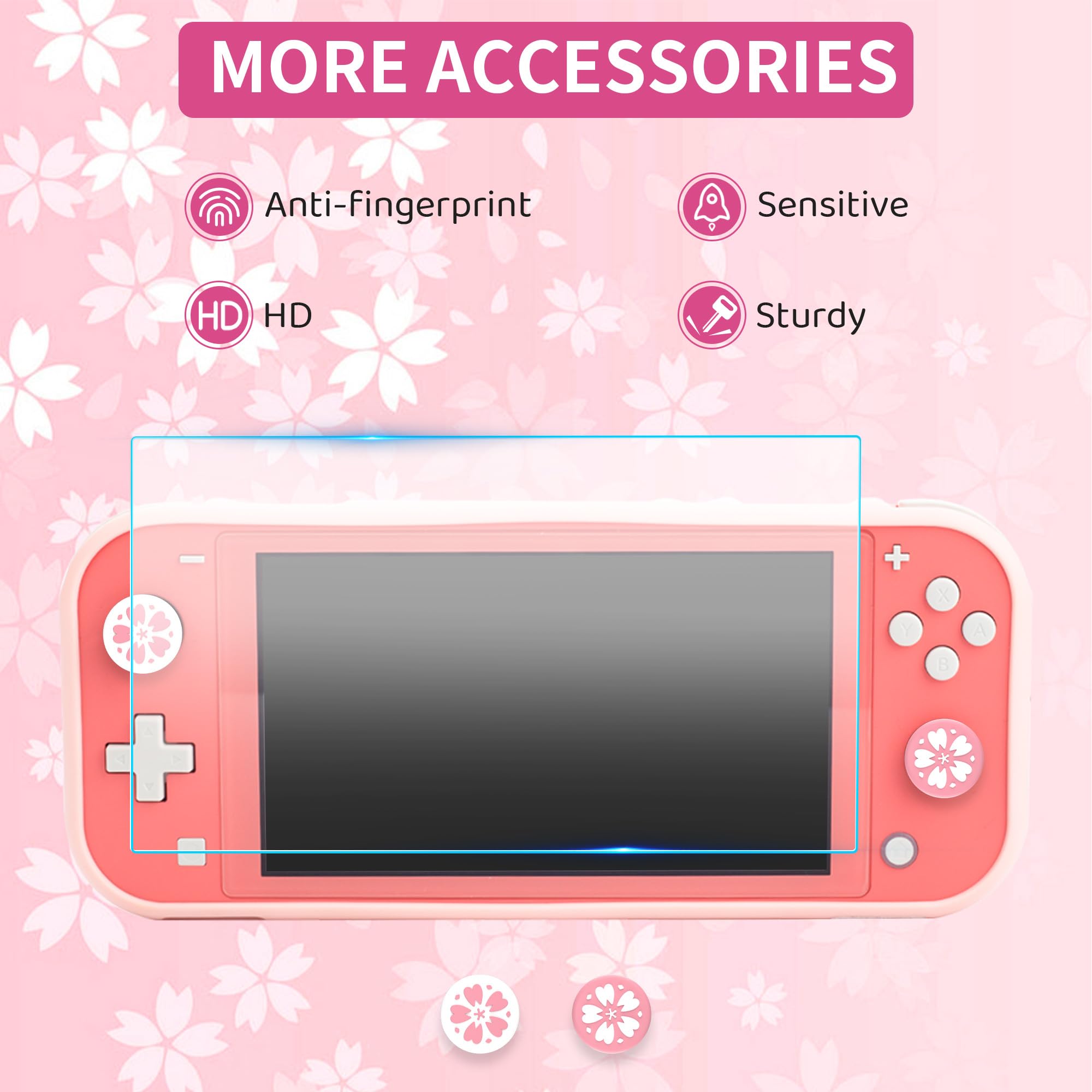 **FUNDIARY Pink & White Nintendo Switch Lite Travel Case with Sakura Design - Slim Storage Bag, Silicone Cover, Screen Protector, Handle Strap & 2 Thumb Caps - Perfect for Gaming On-The-Go & Travel Accessories**