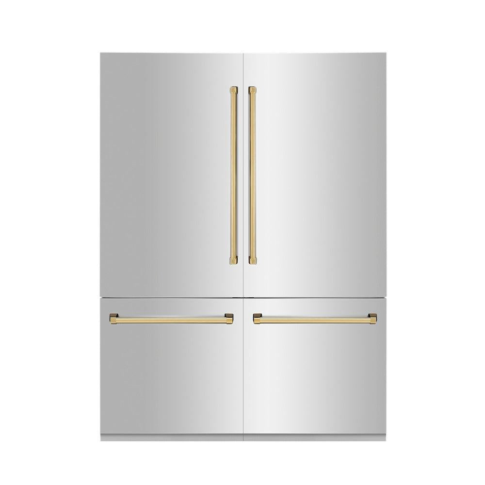 ZLINE Autograph Edition 60-Inch 32.2 cu. ft. French Door Built-In Bottom Freezer Refrigerator with Water Dispenser & Ice Maker - Stainless Steel with Polished Gold Accents (RBIVZ 304 60 G) - Perfect for Modern Kitchens & Luxury Homes