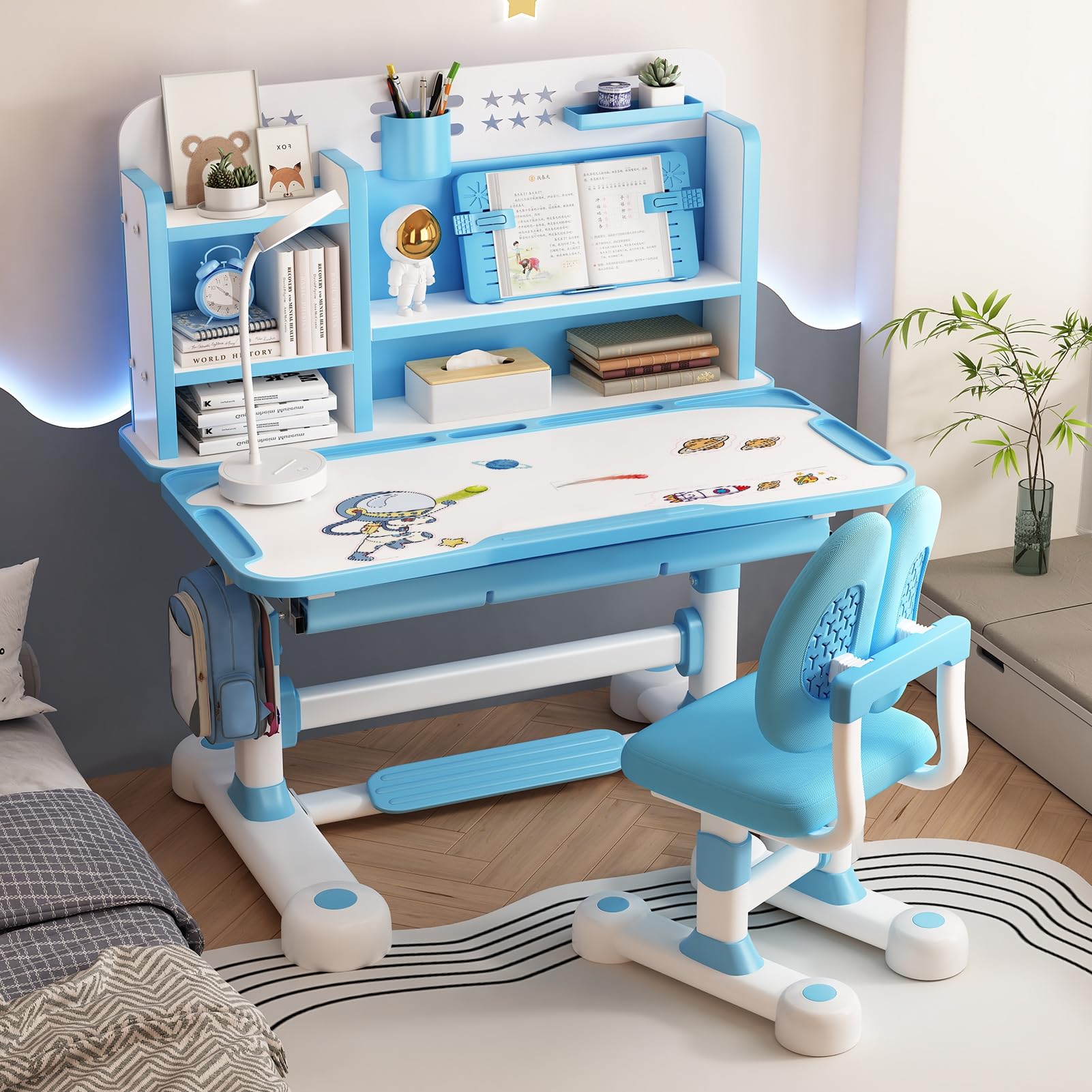 Adjustable Kids Desk and Chair Set - Ergonomic Toddler Art Table with Sitting Corrector, Book Stand & Foot Pedal - Blue School Desk for Drawing, Studying & Homework - Perfect for Home, Classroom & Playroom