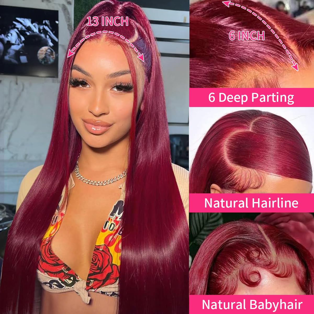 32 Inch 99J Burgundy Lace Front Wigs Human Hair 200% Density 13x6 Straight Lace Front Wigs - Pre Plucked Red Lace Frontal Wig for Women with Baby Hair & Natural Hairline | Glueless Human Hair Wig for Daily Wear, Cosplay & Special Occasions