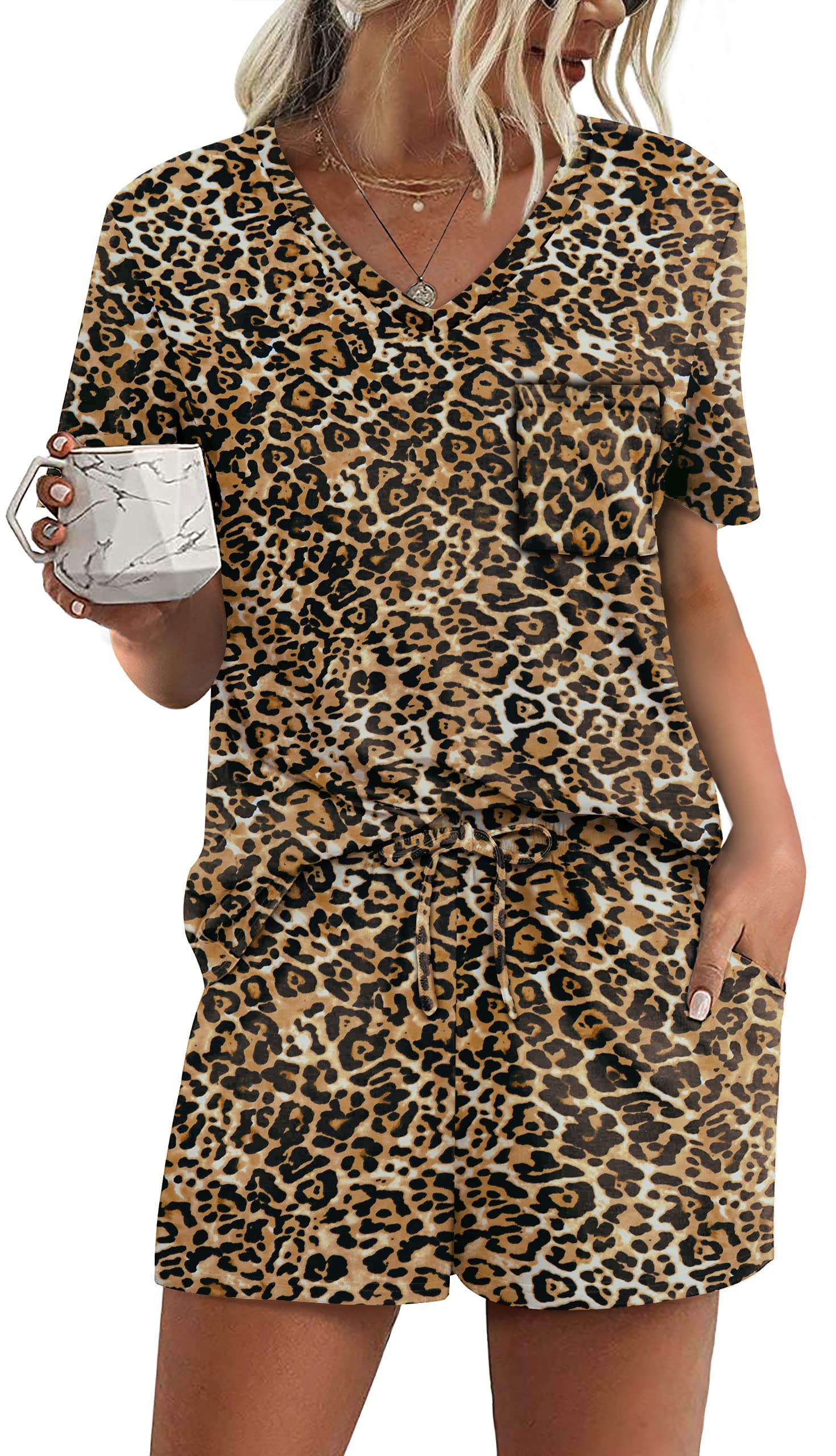 RUBZOOF Women's Short Sleeve Pajama Sets with Pockets - Soft V-Neck 2 Piece Lounge Outfit (Sizes S-3XL) for Sleepwear, Home Relaxation & Cozy Nights