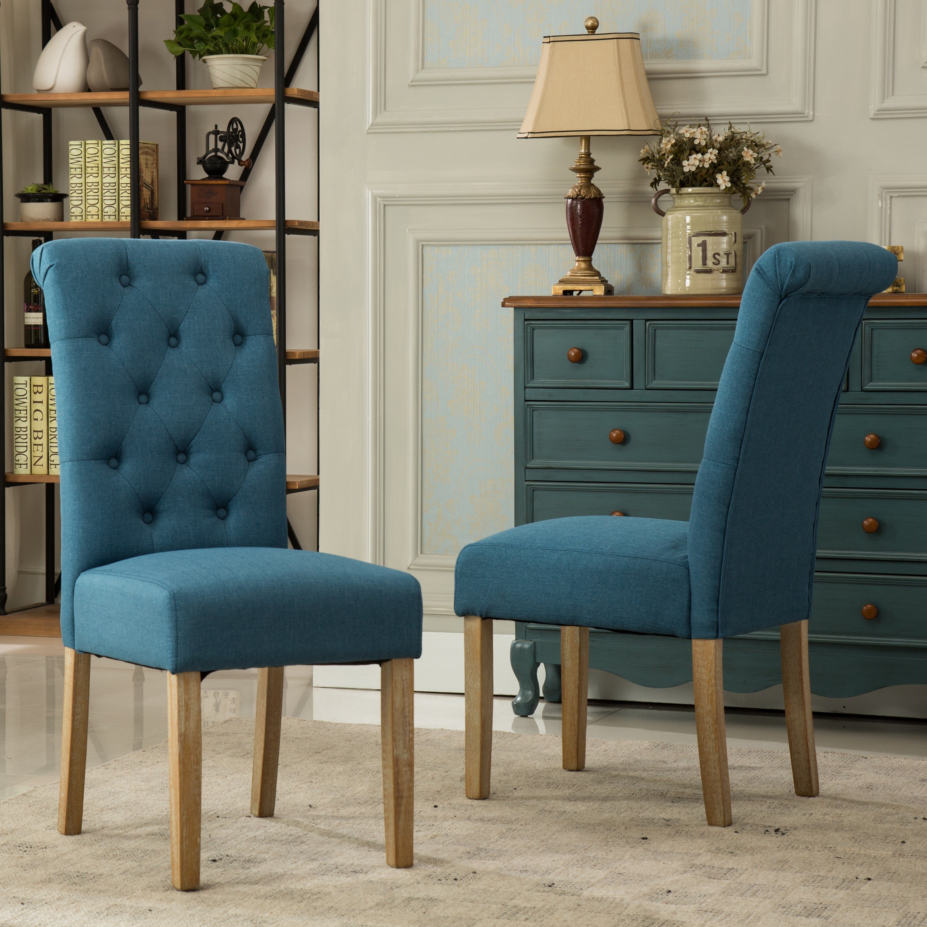Roundhill Furniture Amonia 5-Piece Dining Set - Turned Leg Dining Table with 4 Tufted Upholstered Chairs for Kitchen, Dining Room, and Small Spaces