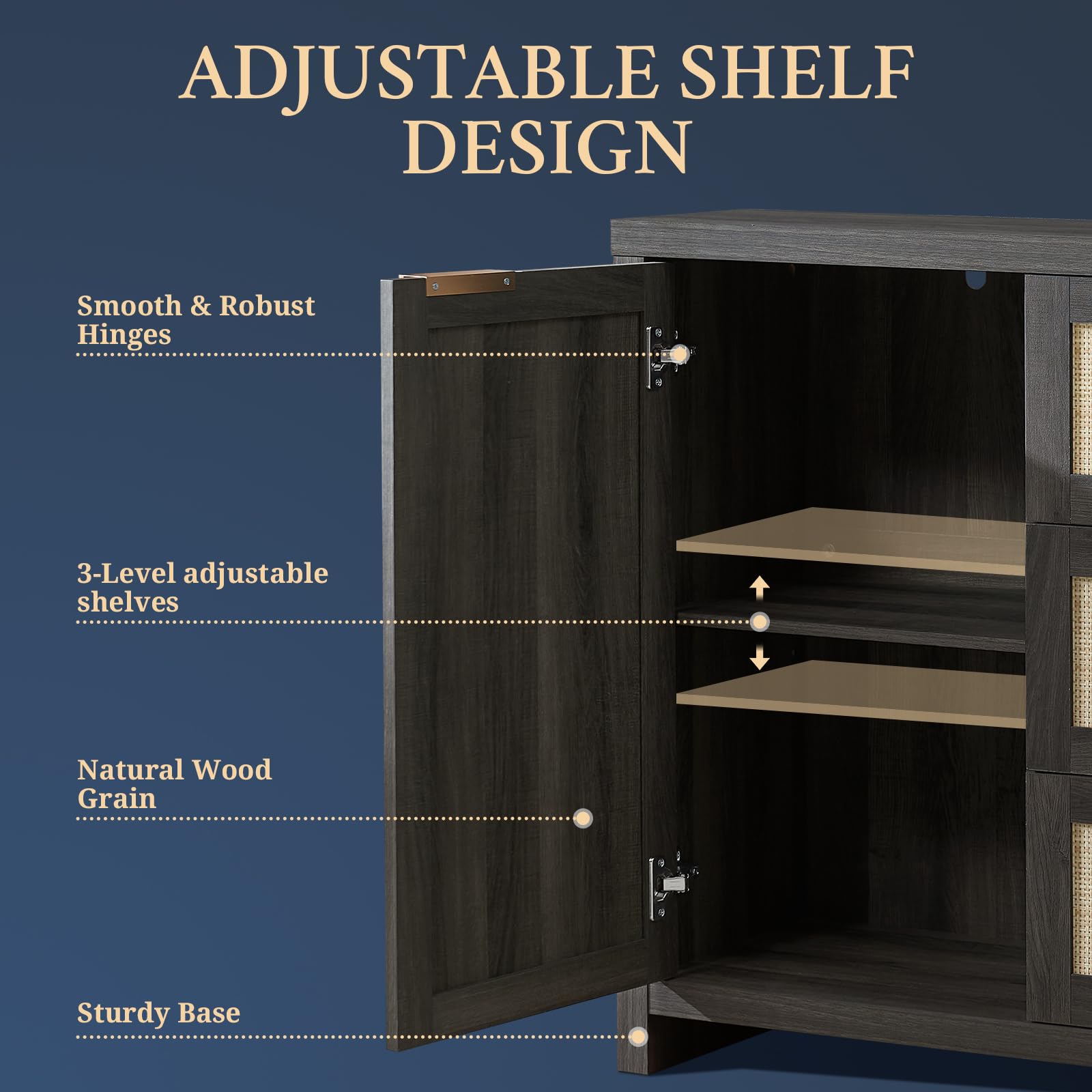 Hampstead 3-Drawer Rattan Storage Cabinet - Adjustable Shelves Kitchen Buffet Sideboard for Living Room, Hallway & Dining Room - Midnight Oak Finish | Perfect for Home Organization & Entertaining