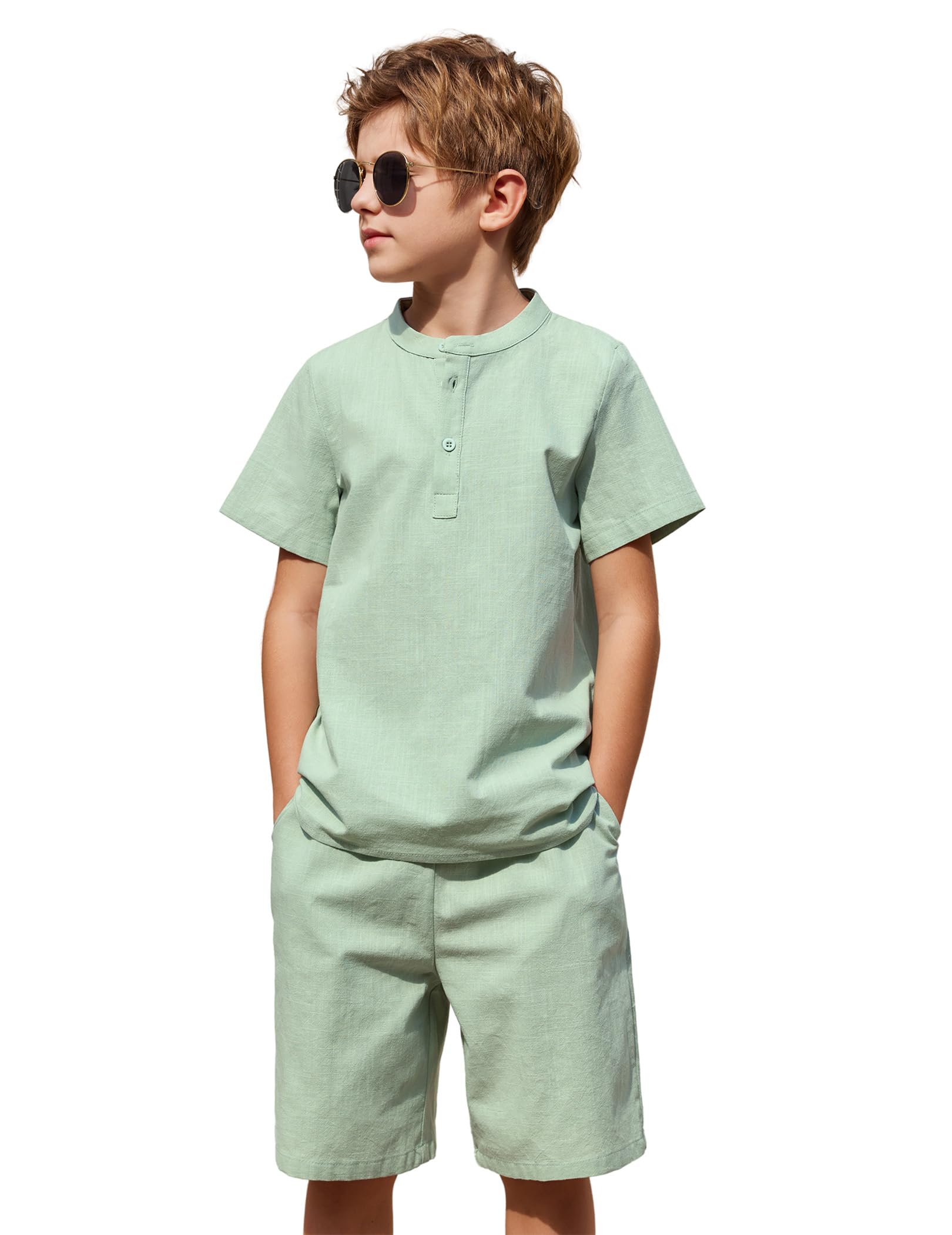 Arshiner Boys' 2-Piece Cotton Linen Outfit - Casual Henley Shirt & Short Sleeve Beach Shorts Set for Summer (Ages 5-12) - Perfect for Beach Vacations, Playdates & Outdoor Adventures