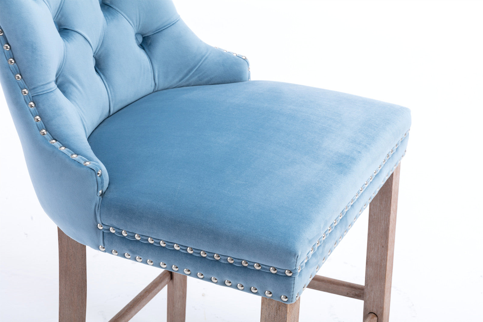 Modern Velvet Bar Stools with Button Tufted Back & Wooden Legs - Set of 2 Light Blue Bar Chairs with Chrome Nailhead Trim for Kitchen Island, Breakfast Bar & Home Decor (SW2002LB)
