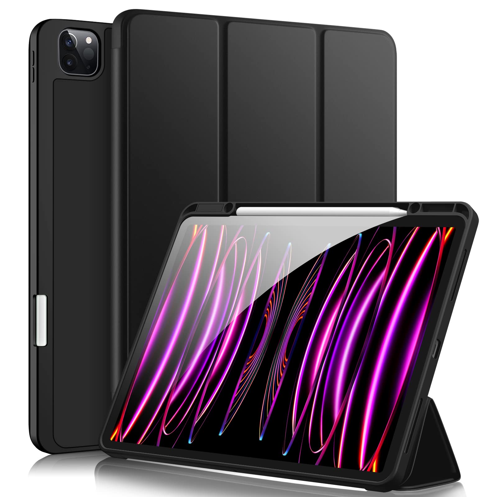 Akkerds iPad Pro 12.9 Case (6th/5th/4th/3rd Gen 2022-2018) - Trifold Stand Smart Cover with Pencil Holder & Soft TPU Back, Auto Wake/Sleep - Perfect for Work, School & Travel (Black)