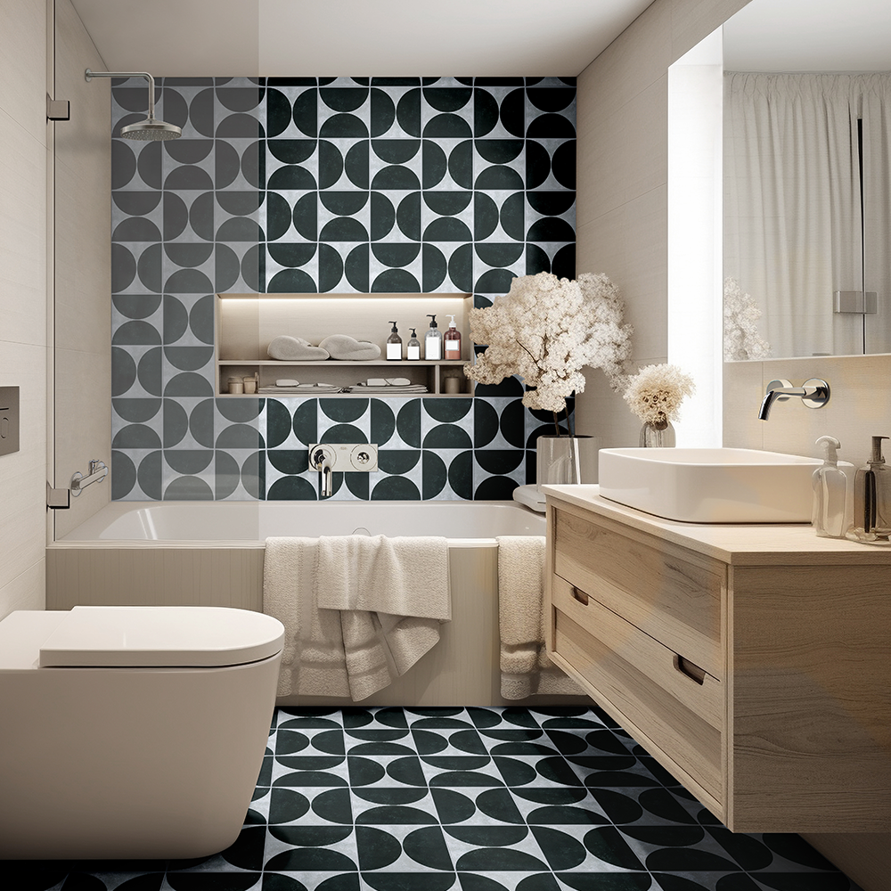 Heritage Duomo Arch Charcoal Encaustic Look 200x200 Matt Tile - Premium Matte Finish Porcelain Floor and Wall Tiles for Modern Kitchen, Bathroom, and Living Room Decor