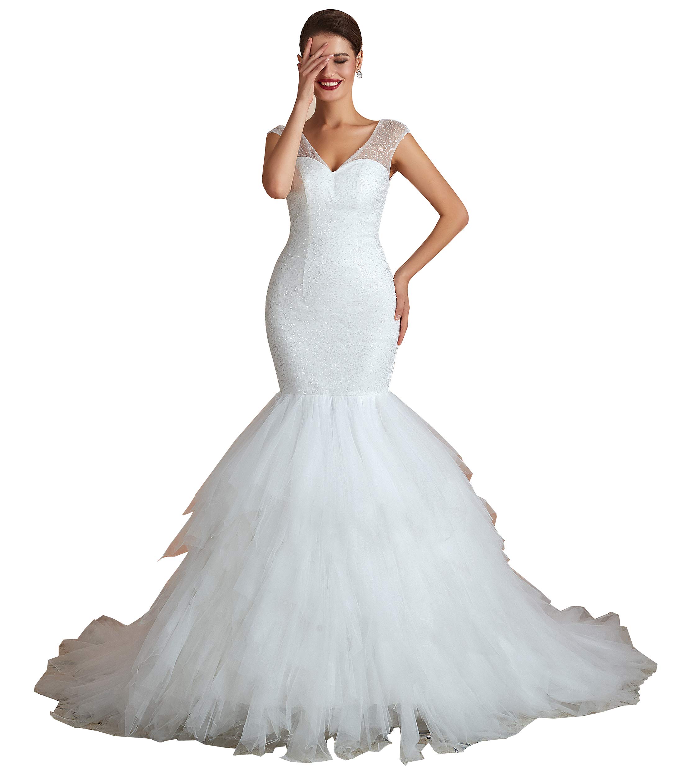 Elegant White V-Neck Sequined Lace-Up Mermaid Wedding Dress for Women - Size US6 | Perfect for Bridal, Prom, Evening Gala & Formal Occasions