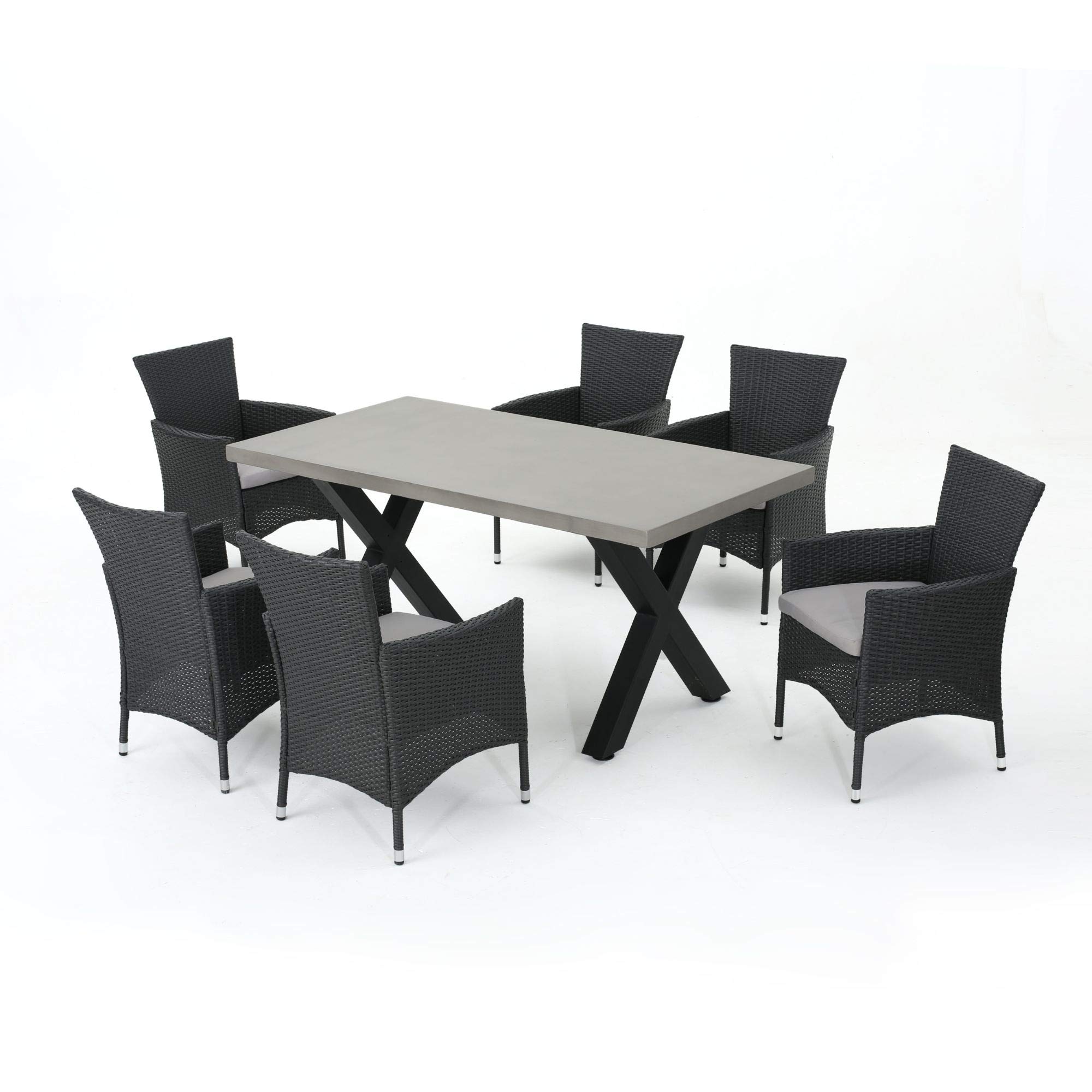 7-Piece Black Wicker Outdoor Dining Set with Silver Cushions - Modern Patio Furniture for Backyard, Garden & Poolside Entertaining