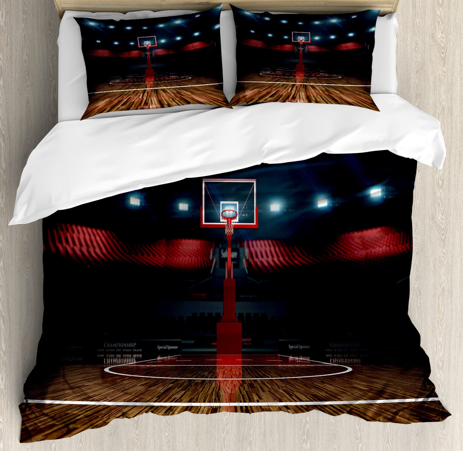 Ambesonne Teen Room Duvet Cover Sets - Professional Basketball Arena Championship Sports Design, 2-Pack California King Size Bedding Set with 2 Duvet Covers & 4 Pillowcases, Vibrant Multicolor - Perfect for Sports Fans' Bedrooms, Game Rooms & Dorm Decor