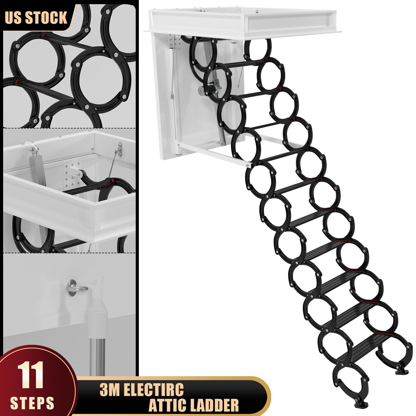 11 Steps 3m Electric Attic Ladder - Aluminum Folding Loft Ladder with Remote Control (31.5