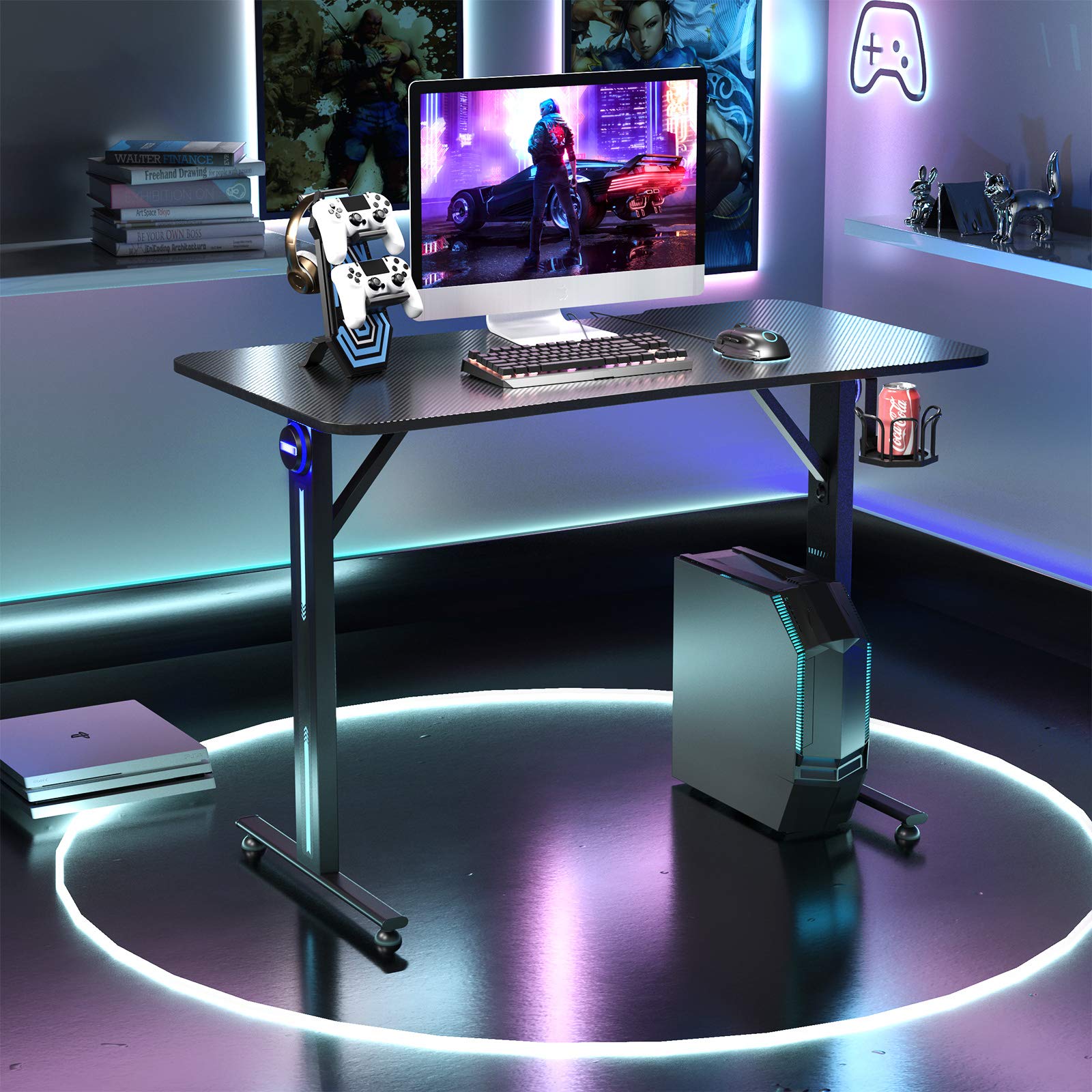 Tangkula Gaming Desk - T-Shaped Computer Desk with Controller Stand, Cup Holder & LED Lights | Ergonomic Carbon Fiber Surface for PC Gaming & Home Office Workstation (Black) | Perfect for Esports, Streaming & Remote Work Setup
