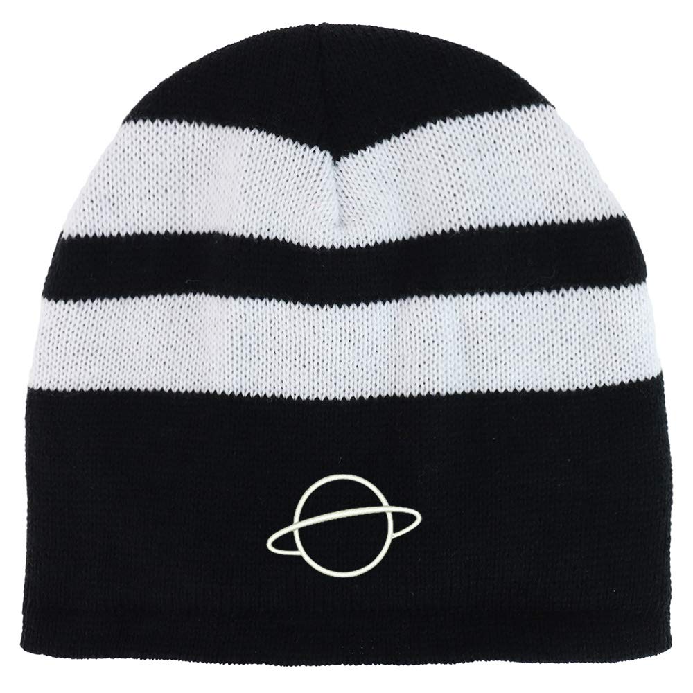 Trendy Striped Fleece-Lined Short Beanie with Planet Embroidery - Cozy Winter Hat for Men & Women, Perfect for Outdoor Activities, Skiing, and Casual Wear
