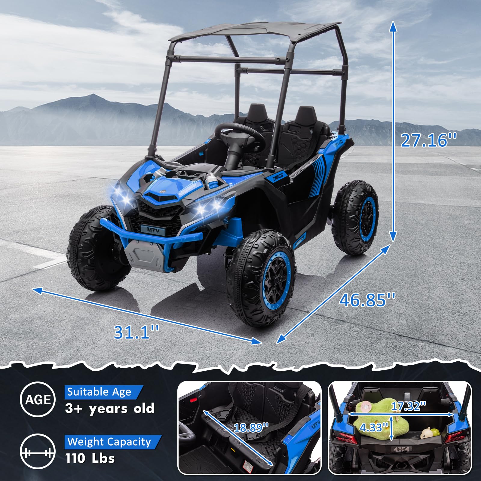 GARVEE 24V Kids Ride On UTV - 2 Seater Electric Truck with Sun Shade, 4WD Remote Control Toy Car with LED Lights & Shock Absorbers | One Click Start & Music Player | Perfect for Outdoor Play, Birthday Gifts & Backyard Adventures (Blue)