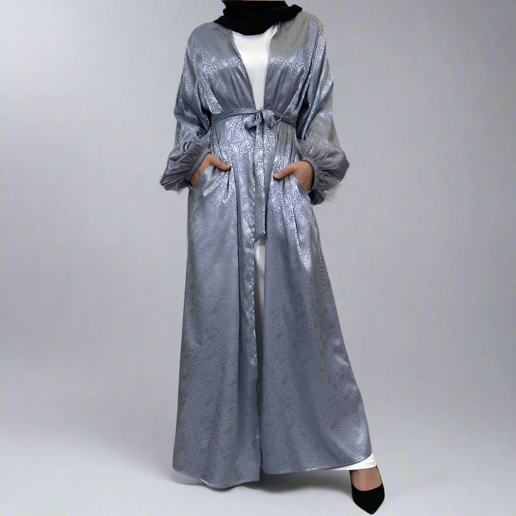 Elegant Muslim Women's Printed Satin Open Abaya Cardigan Dress with Feather Puff Sleeves - Perfect for Prayer, Mosque Visits & Special Occasions