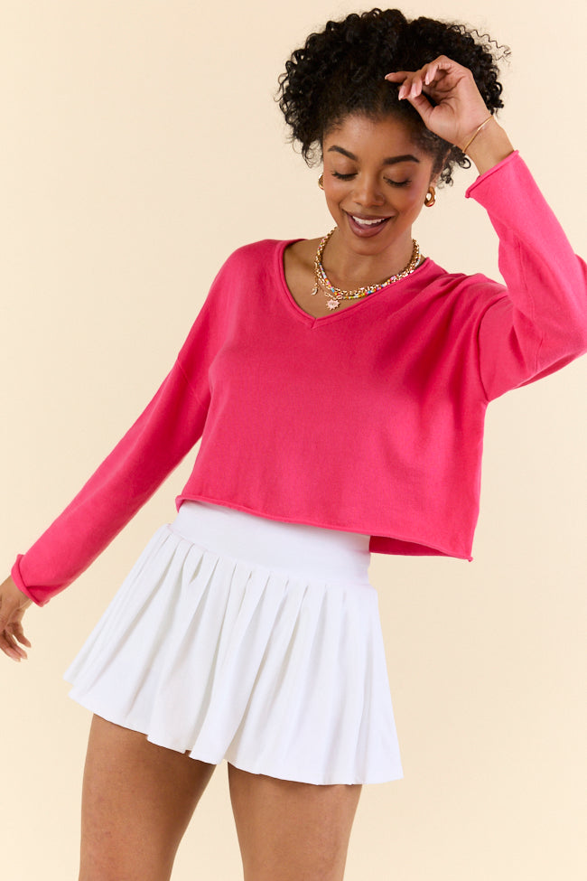 No Bad Days Hot Pink Drop Shoulder V Neck Pullover Sweater - Women's Casual Oversized Knit Top for Fall & Winter | Perfect for Date Night, Coffee Dates, and Weekend Outfits
