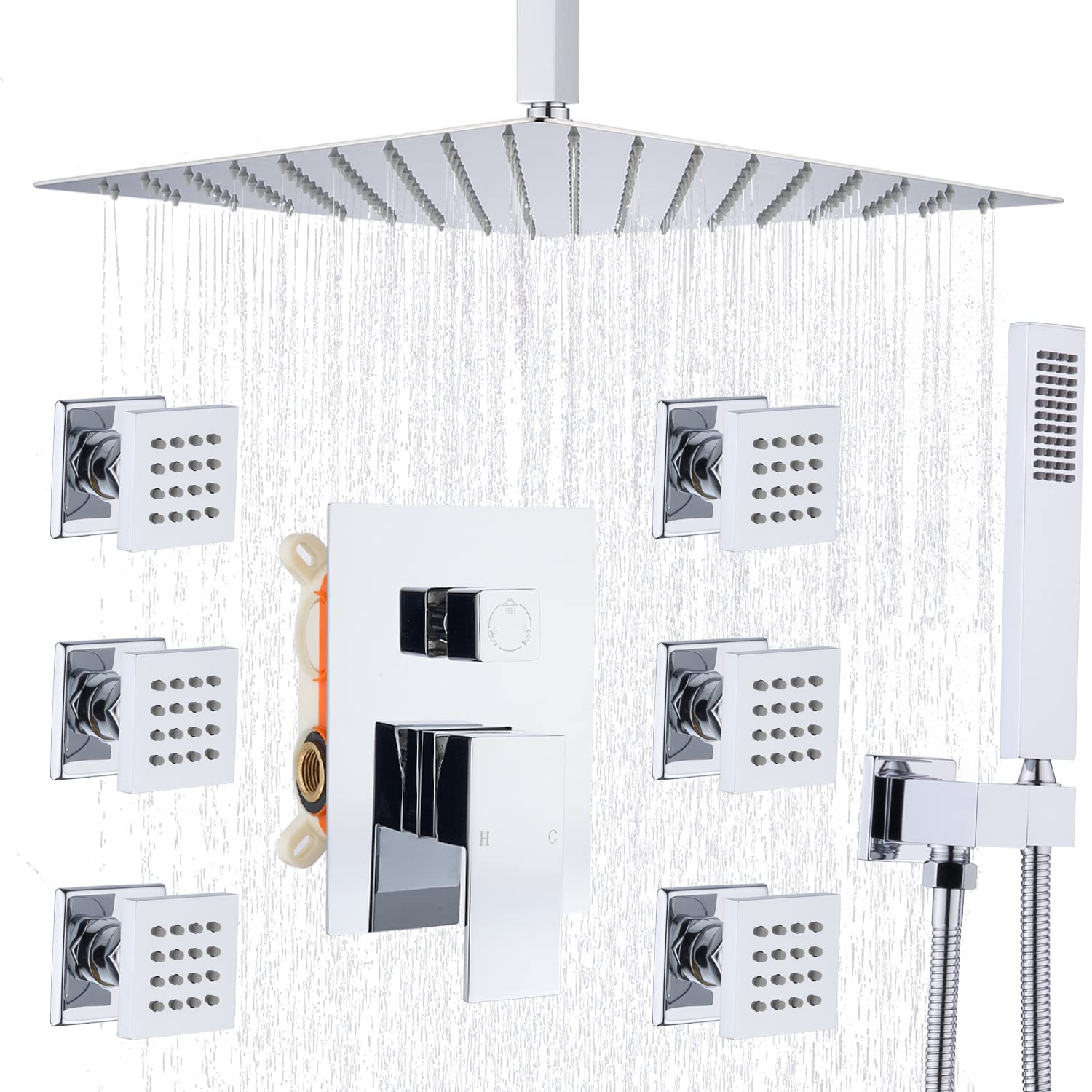 12 Inch Rainfall Shower Head with Adjustable Jets System - Chrome Brass Shower Faucet Complete Kit for Bathroom Remodel & Spa-Like Experience