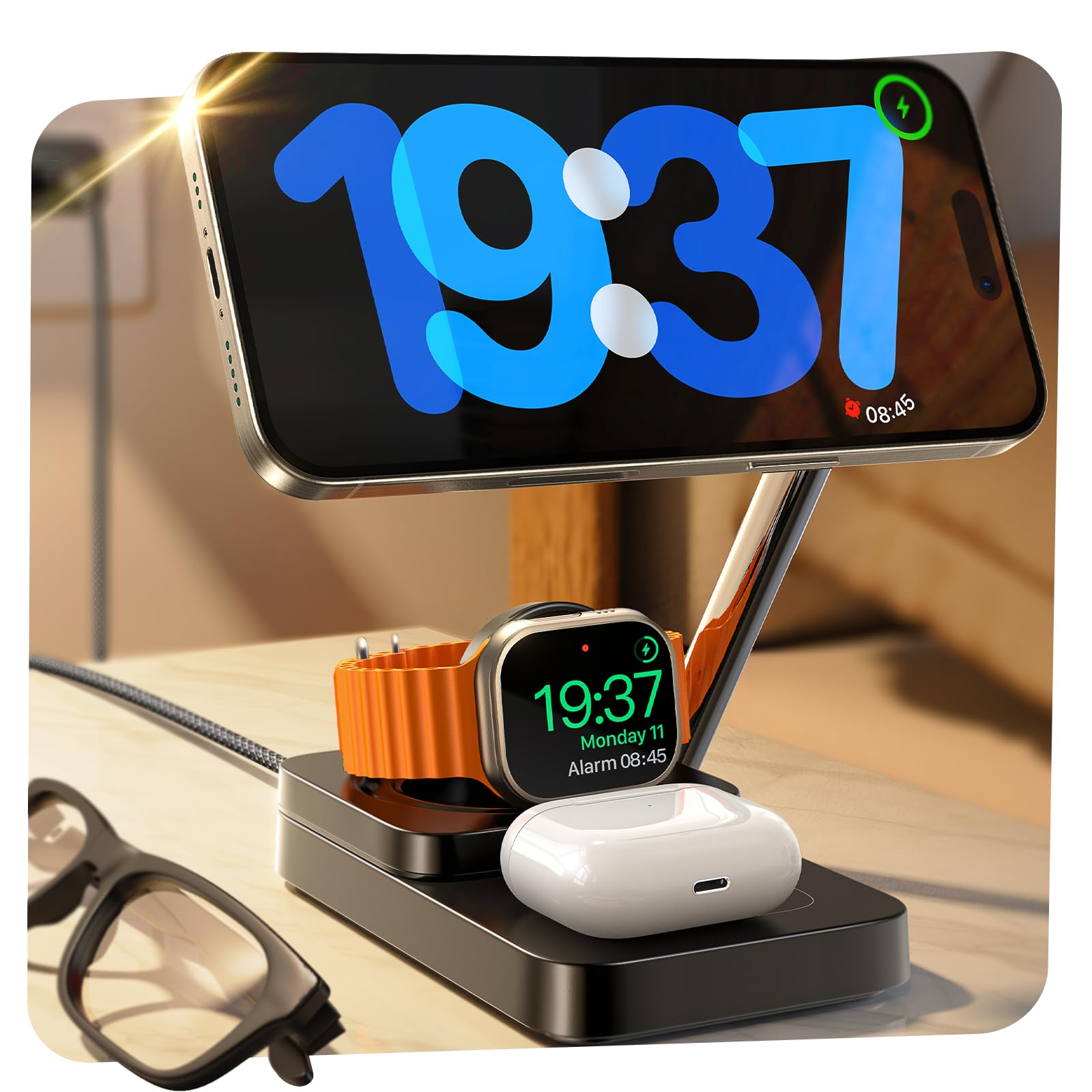 Lisen 3-in-1 Nightstand with Wireless Charging Station - 15W Fast Charger for iPhone 16/15 Pro Max, Apple Watch & AirPods - Magsafe Compatible Bedside Organizer for Home & Travel Use