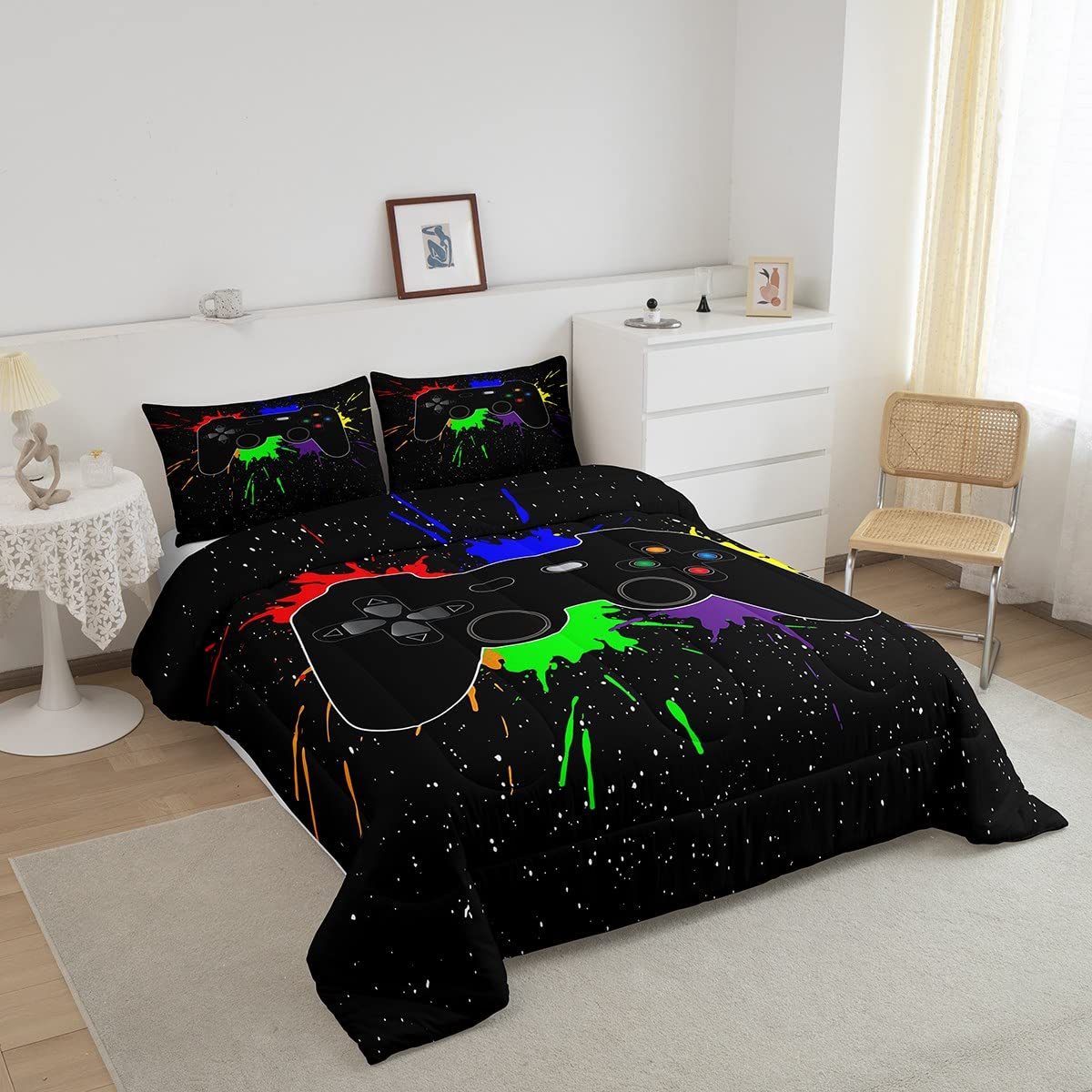 Erosebridal Twin Gaming Bedding Set for Boys - Watercolor Print Comforter & Sheet Set - Perfect for Kids' Bedrooms, Gaming Rooms & Toddler Beds