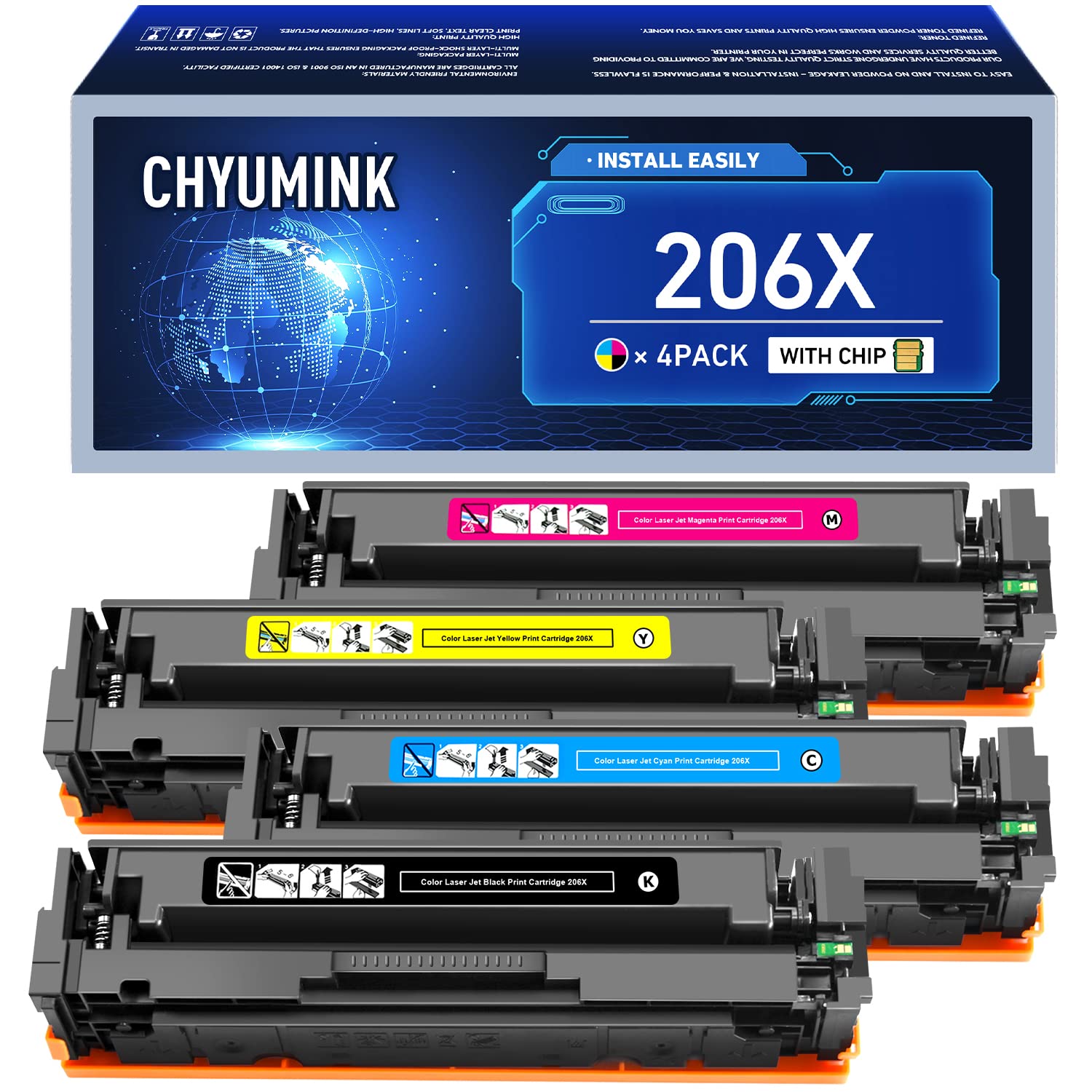 HP 206X W2110X 206A Compatible Toner Cartridge (4-Pack) - Black, Cyan, Yellow, Magenta - Replacement for HP Color Pro MFP M283FDW M255DW M283CDW M283 M255 Printers - Perfect for Office & Home Printing Needs