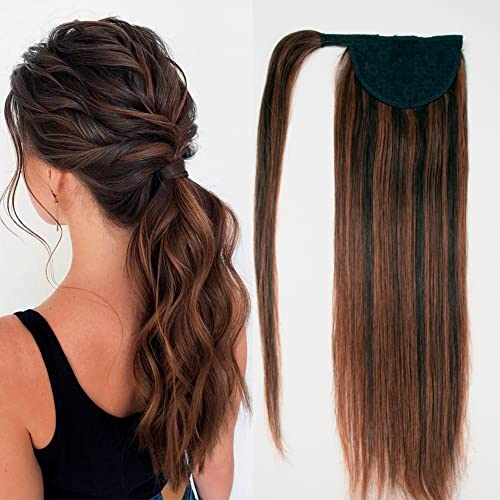 RECOOL 16 Inch Human Hair Ponytail Extension - Black with Brown Wrap Around Clip, 100% Remy Human Hair, Long Straight Ponytail Hairpiece for Women | Perfect for Parties, Weddings & Daily Styling