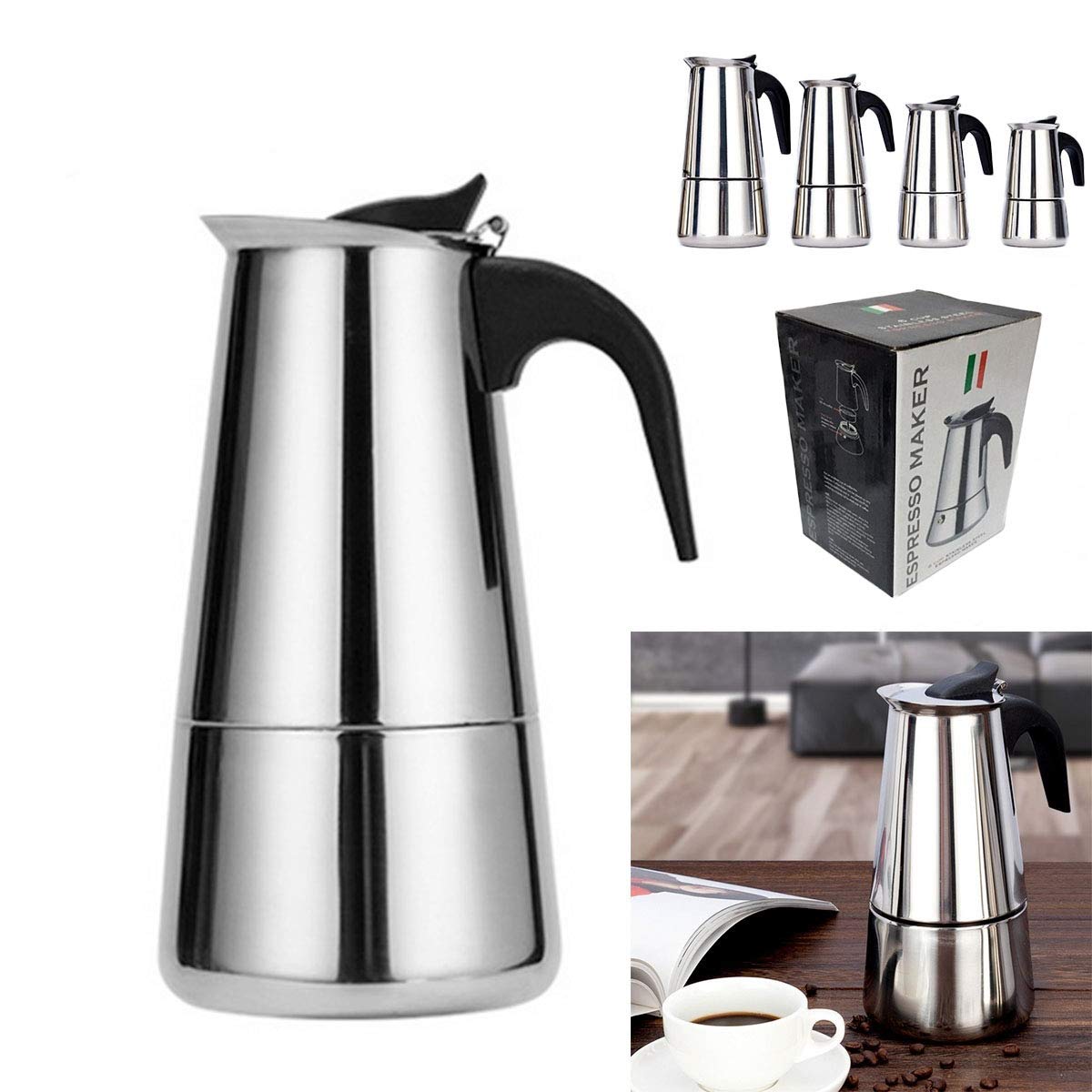 Premium Stainless Steel Italian Stovetop Moka Pot - 2 Cup (3.4 oz) Espresso Coffee Maker for Home & Camping - Classic Percolator for Gas, Electric & Induction Stoves
