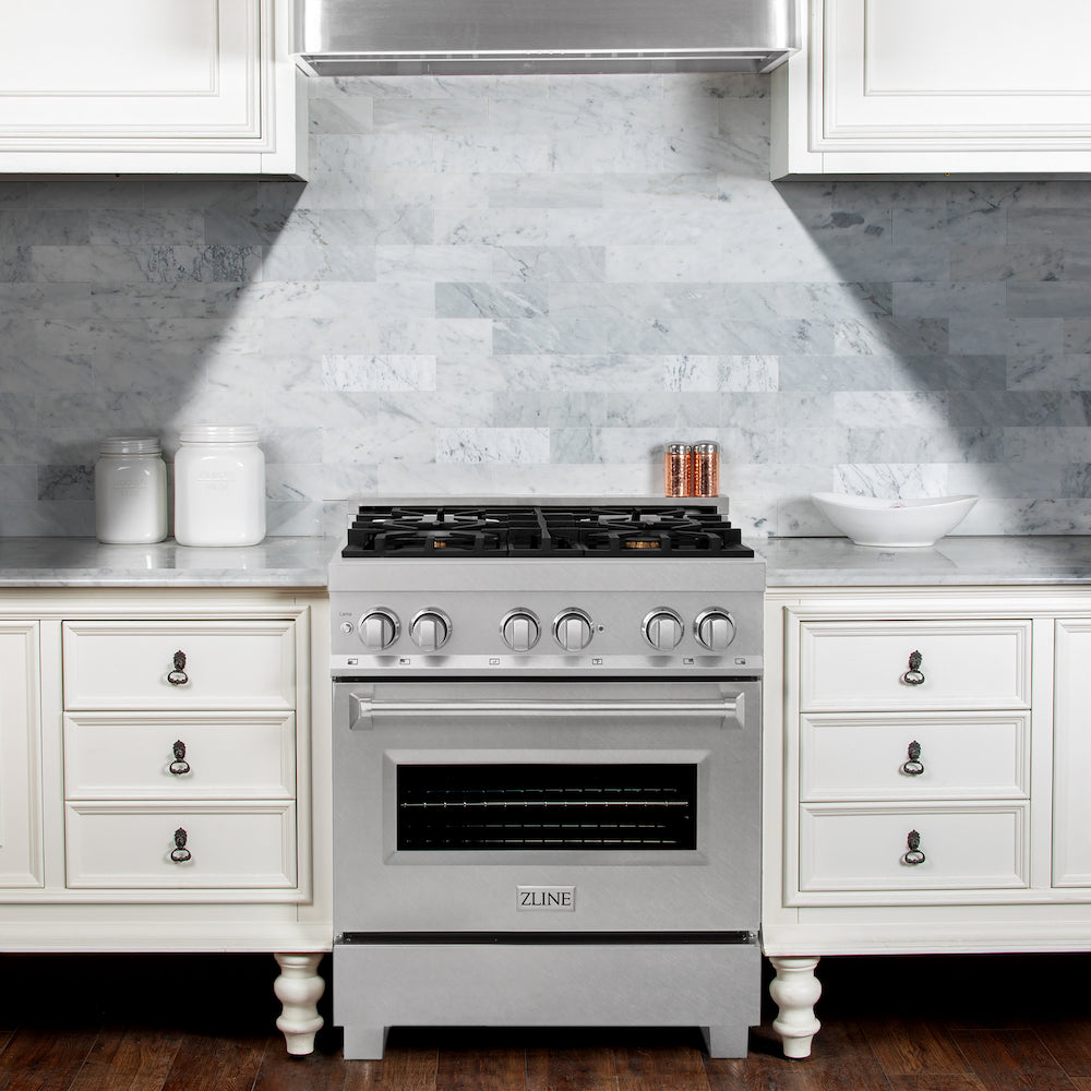 ZLINE 30 Inch 4.0 Cu. Ft. Dual Fuel Range - Gas Cooktop & Electric Convection Oven in Satin Stainless Steel with 4 Brass Burners (RAS SN BR 30) - Perfect for Modern Kitchens & Professional Cooking