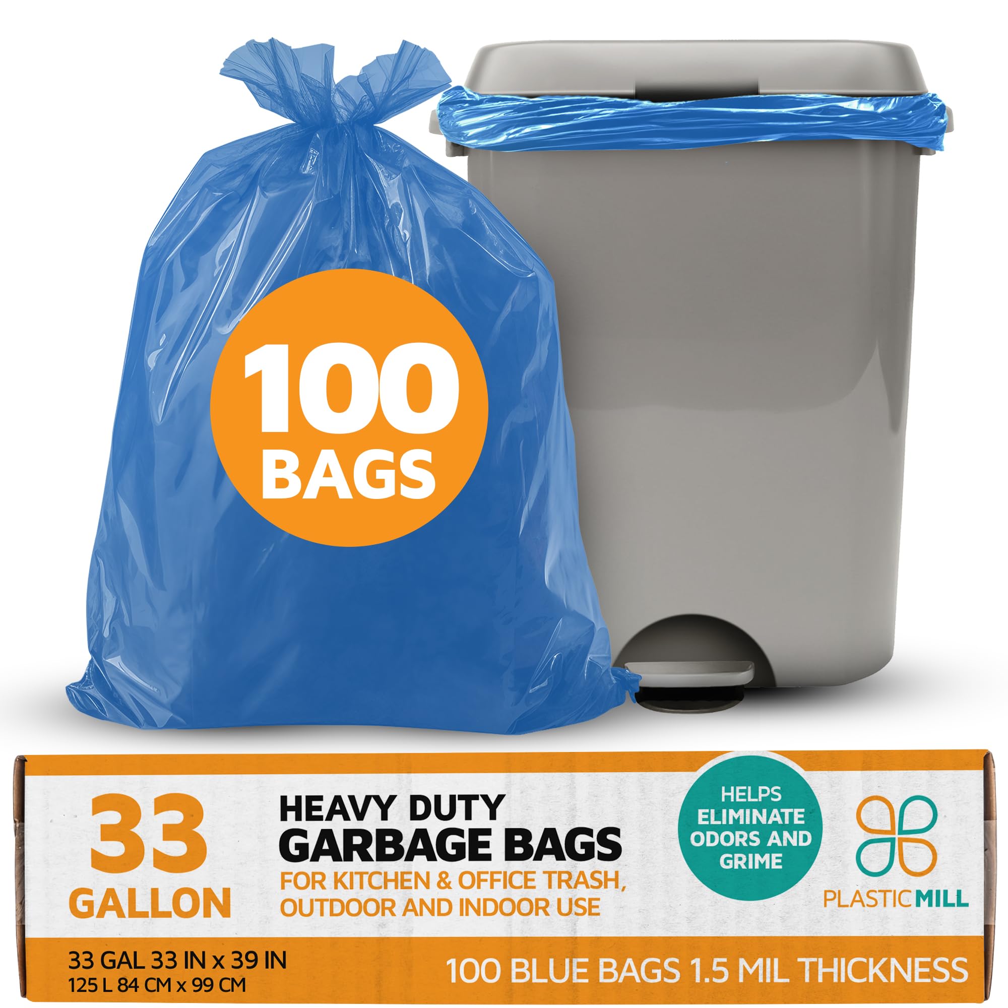 PlasticMill Heavy Duty 33-Gallon Trash Bags - 1.5 Mil Thick Blue Garbage Bags for Kitchen, Office & Outdoor Use - 33